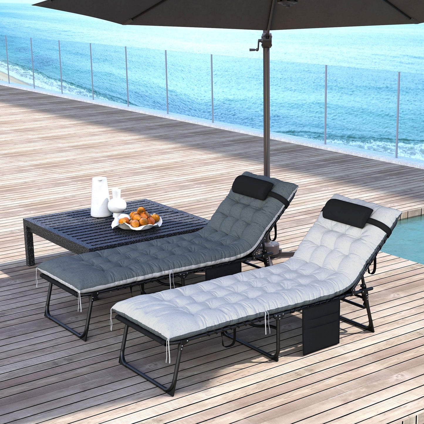 Folding Outdoor Lounge Chair Set of 2, 5-Position Reclining Patio Chaise Lounge Chairs, Tanning Chair with Cushion, Headrest, Side Pocket for Beach, Poolside, Black/Grey