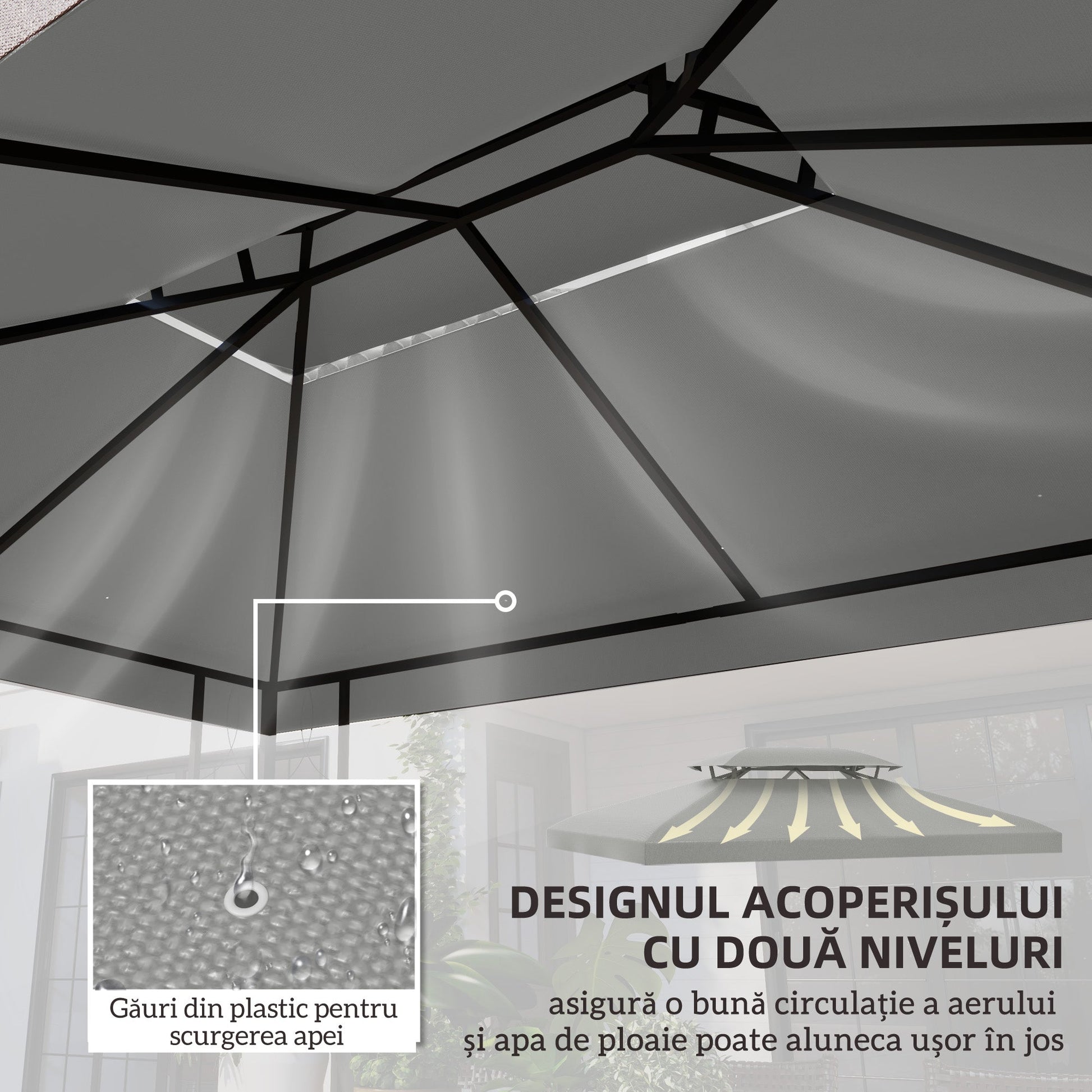 13.1' x 9.8' Gazebo Replacement Canopy 2 Tier Top UV Cover Pavilion Garden Patio Outdoor, Light Grey (TOP ONLY)