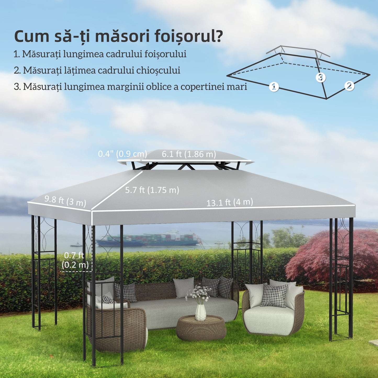13.1' x 9.8' Gazebo Replacement Canopy 2 Tier Top UV Cover Pavilion Garden Patio Outdoor, Light Grey (TOP ONLY)