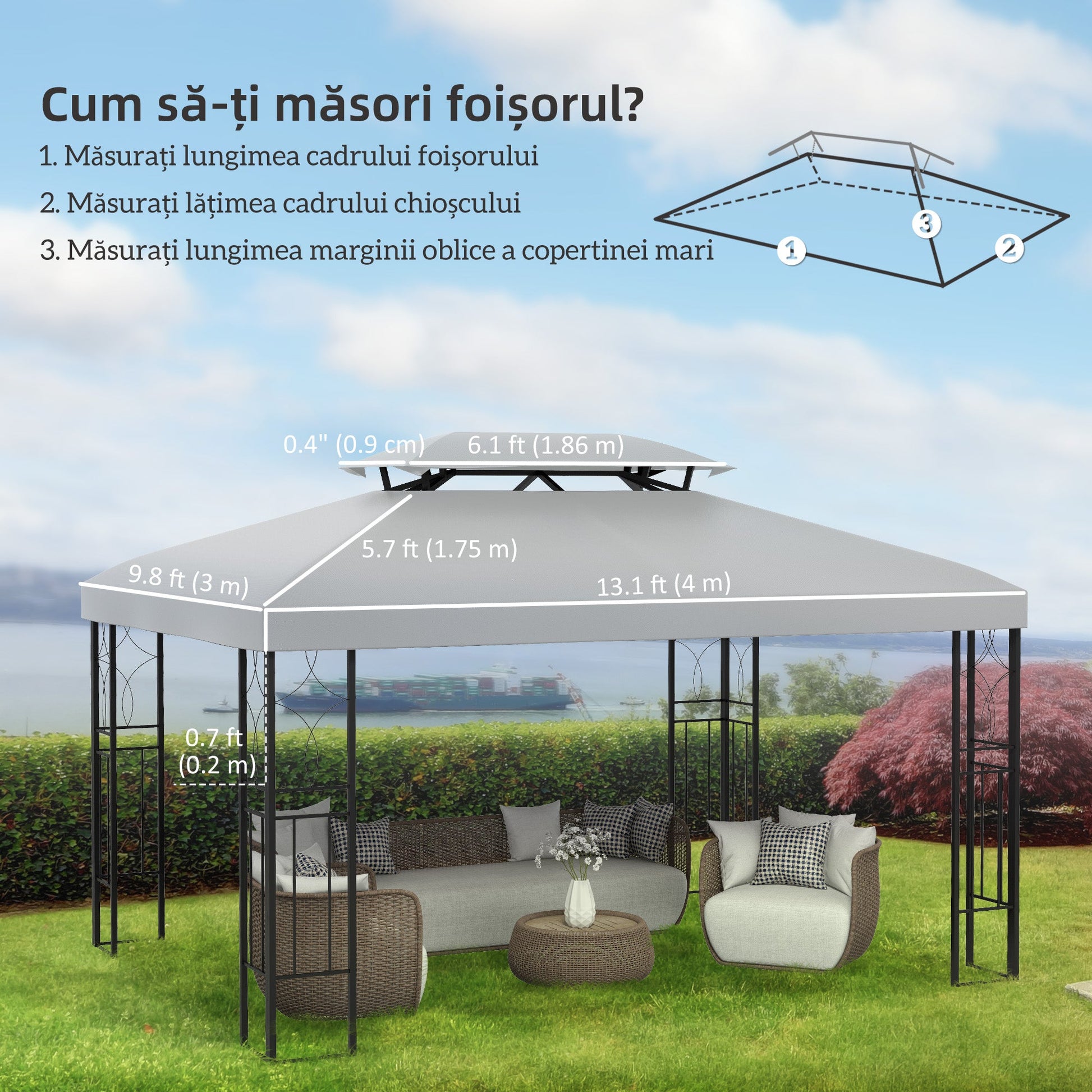 13.1' x 9.8' Gazebo Replacement Canopy 2 Tier Top UV Cover Pavilion Garden Patio Outdoor, Light Grey (TOP ONLY)