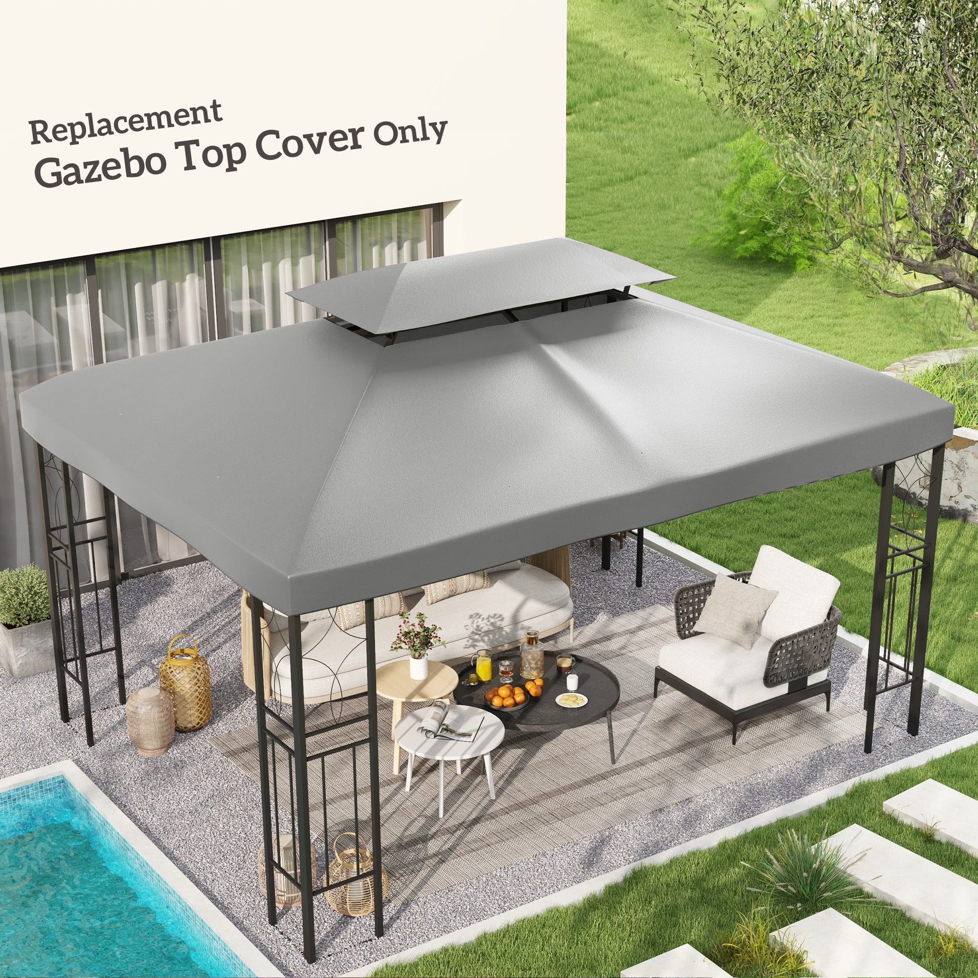 13.1' x 9.8' Gazebo Replacement Canopy 2 Tier Top UV Cover Pavilion Garden Patio Outdoor, Light Grey (TOP ONLY)