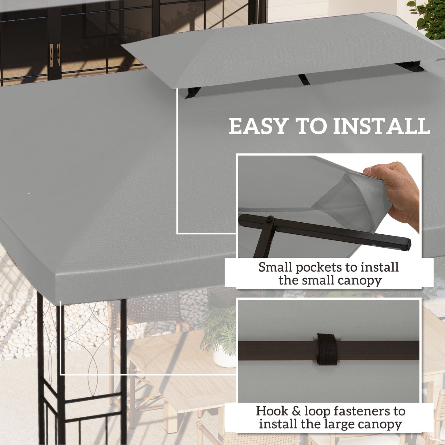 13.1' x 9.8' Gazebo Replacement Canopy 2 Tier Top UV Cover Pavilion Garden Patio Outdoor, Light Grey (TOP ONLY)