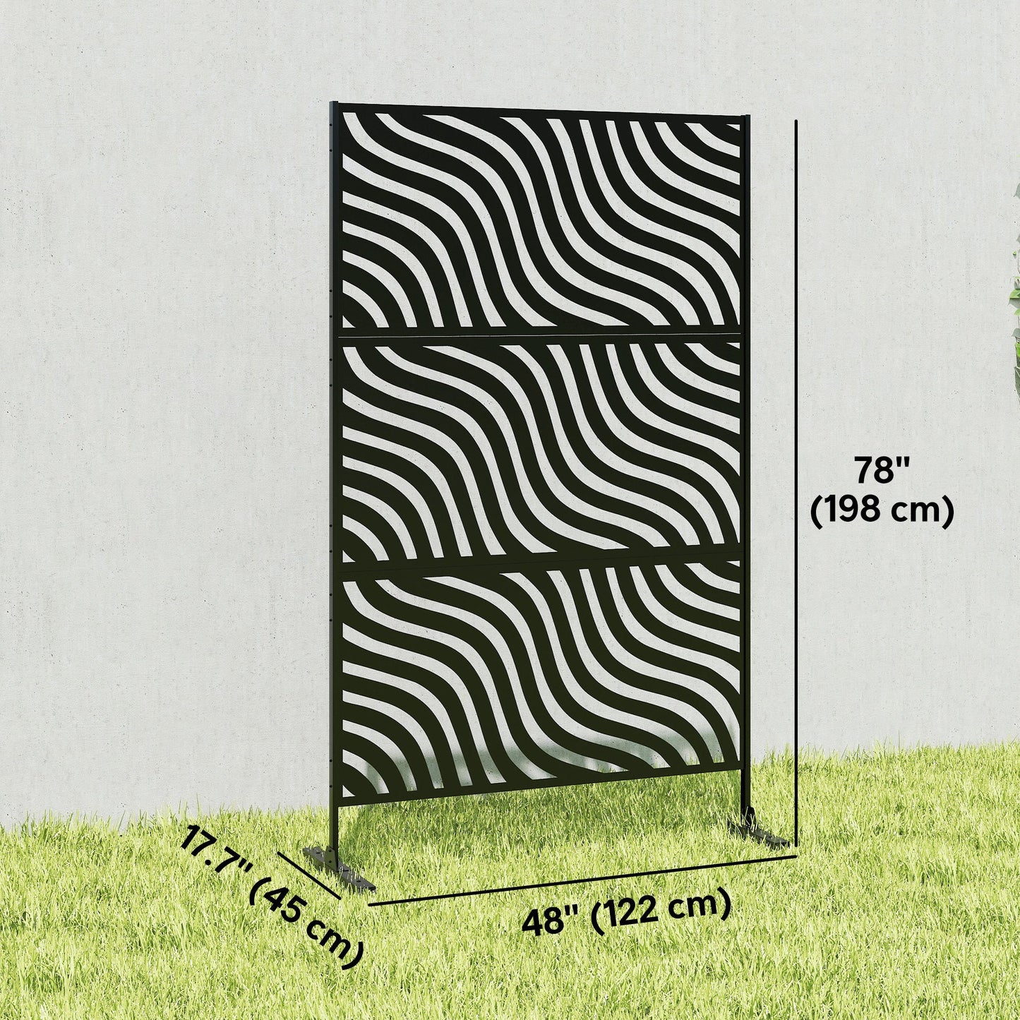 Metal Outdoor Privacy Screen, 78" x 48" Freestanding Outdoor Divider with Stand, Decorative Privacy Panel with Ripple Cut-out Design for Garden Patio Backyard, Black