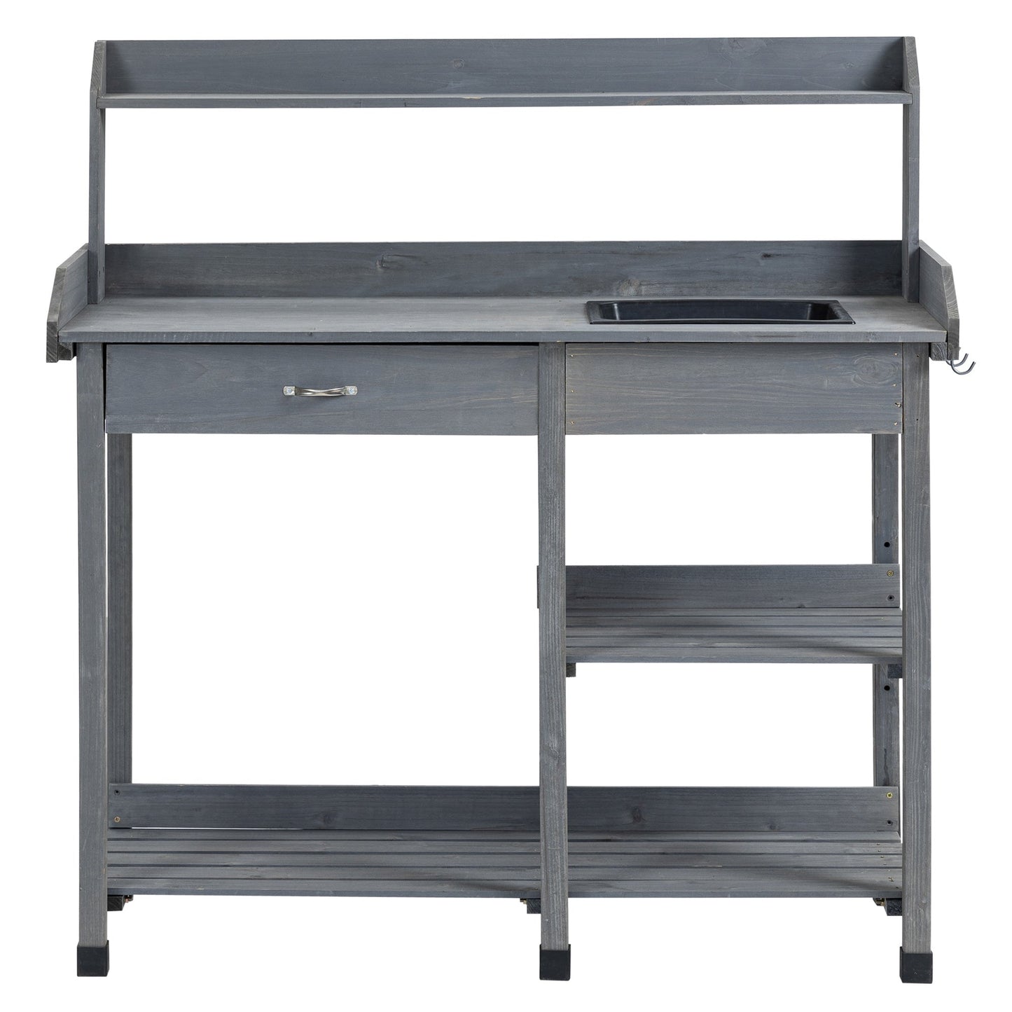 Potting Bench Table Garden Work Bench Workstation with Drawer, Removable Sink, Storage Shelves and Hooks for Patio, Courtyards, Balcony