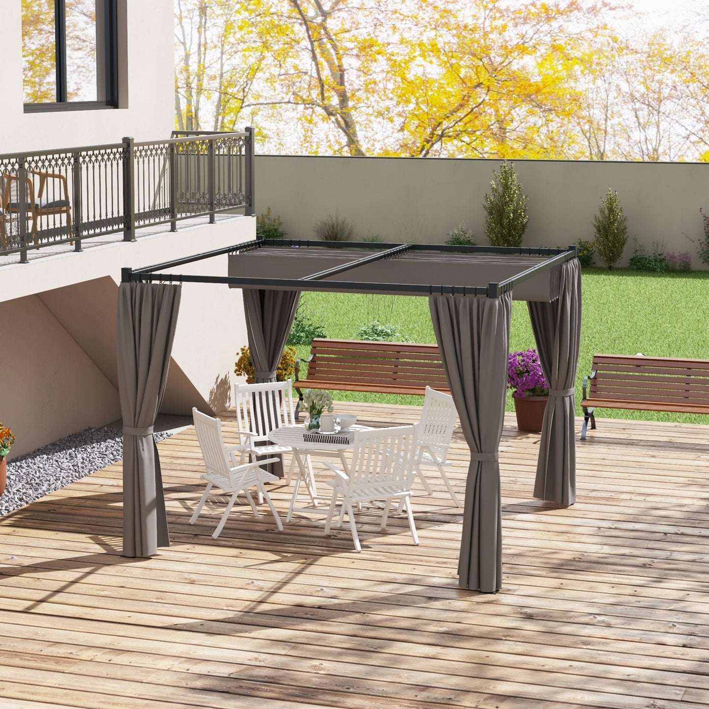 10' x 10' Pergola with Retractable Pergola Canopy and Curtains, Metal Frame Garden Gazebo Outdoor Sun Shade Shelter for Grill, Patio, Deck, Light Grey
