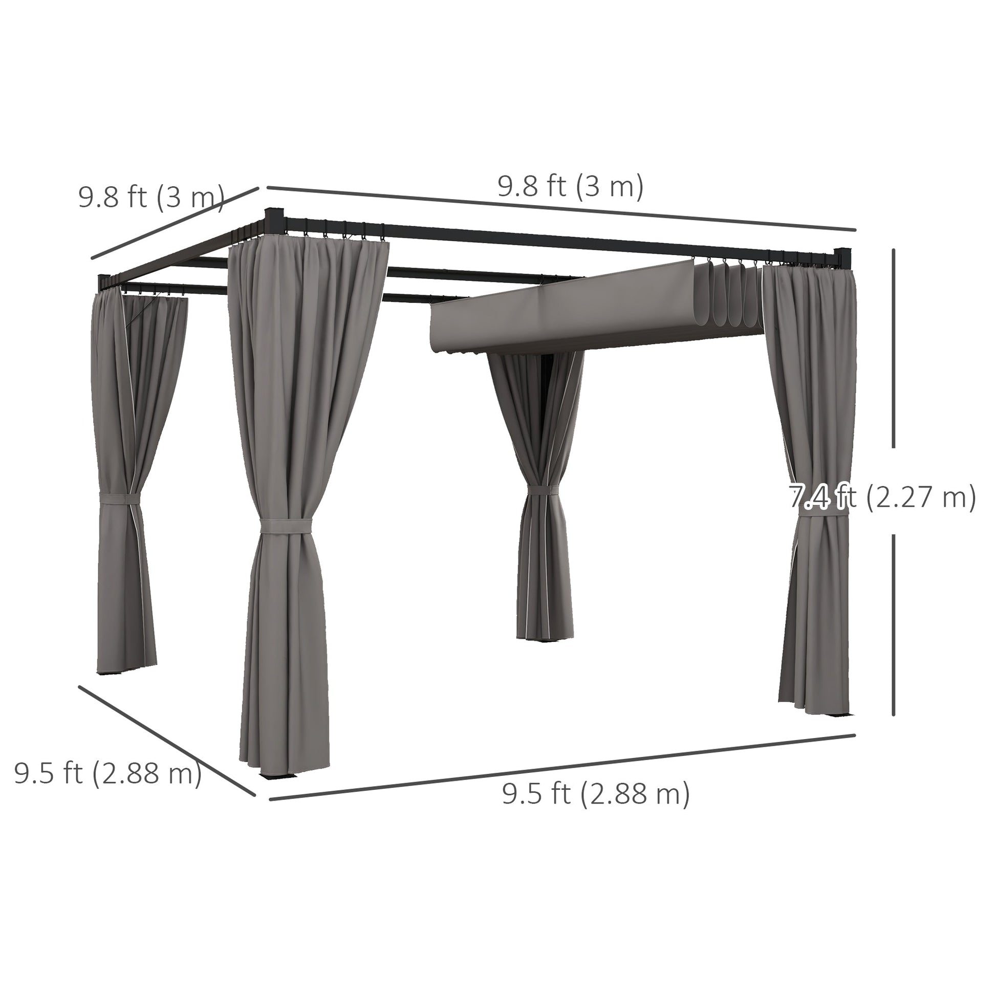 10' x 10' Pergola with Retractable Pergola Canopy and Curtains, Metal Frame Garden Gazebo Outdoor Sun Shade Shelter for Grill, Patio, Deck, Light Grey