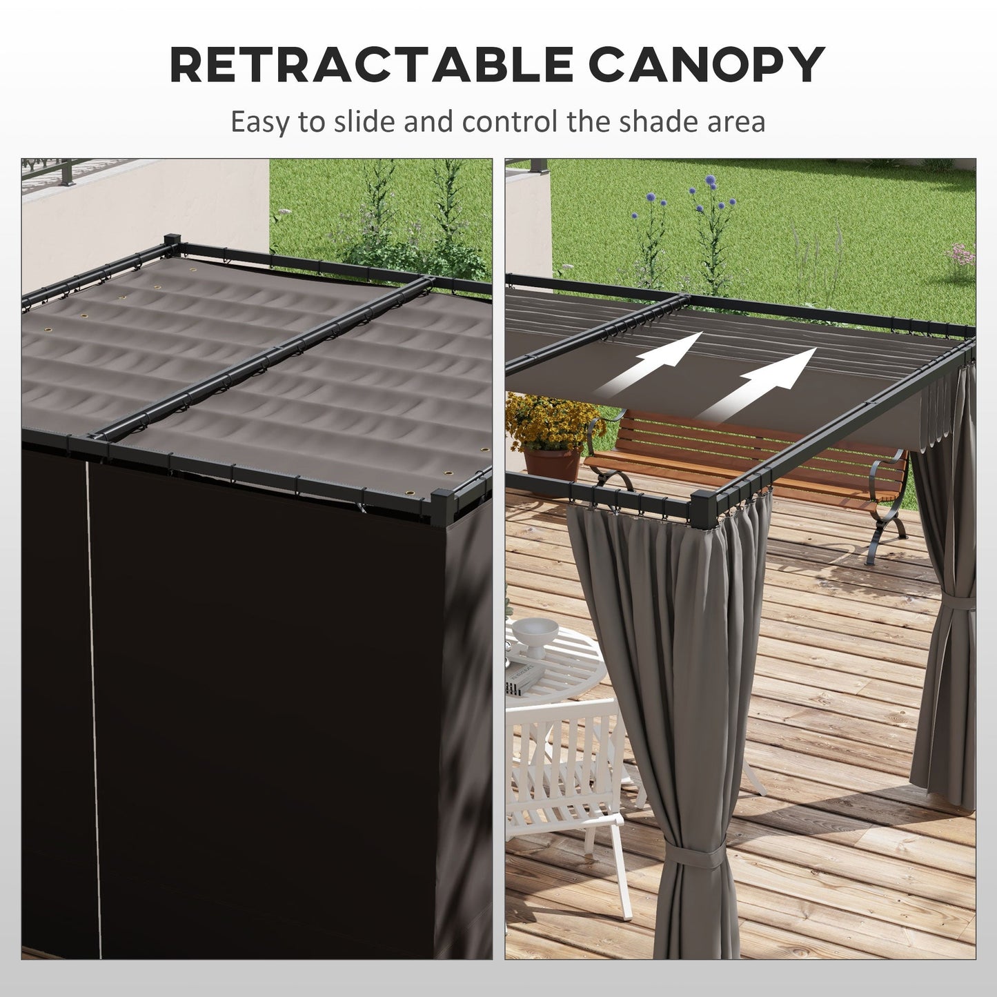 10' x 10' Pergola with Retractable Pergola Canopy and Curtains, Metal Frame Garden Gazebo Outdoor Sun Shade Shelter for Grill, Patio, Deck, Light Grey