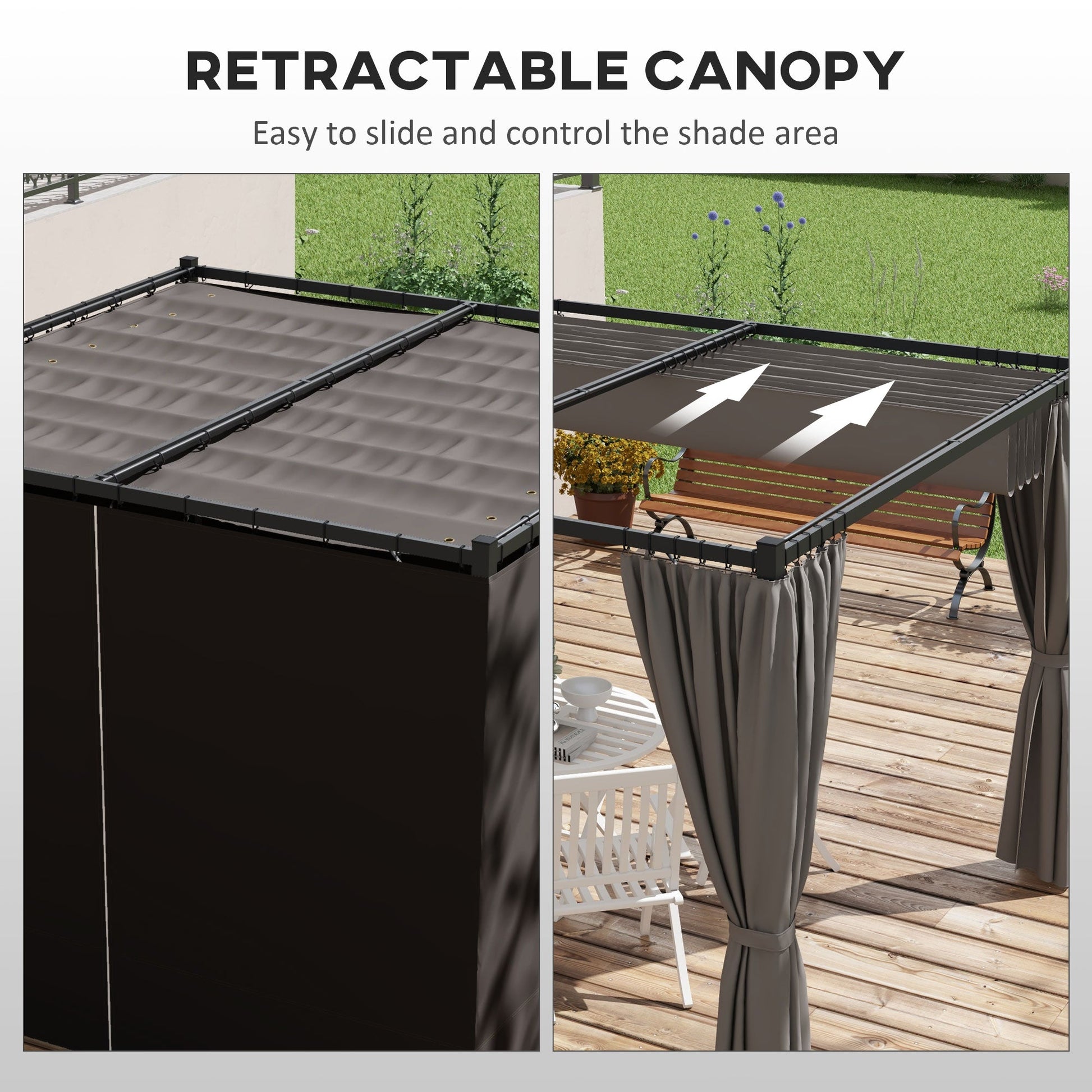 10' x 10' Pergola with Retractable Pergola Canopy and Curtains, Metal Frame Garden Gazebo Outdoor Sun Shade Shelter for Grill, Patio, Deck, Light Grey