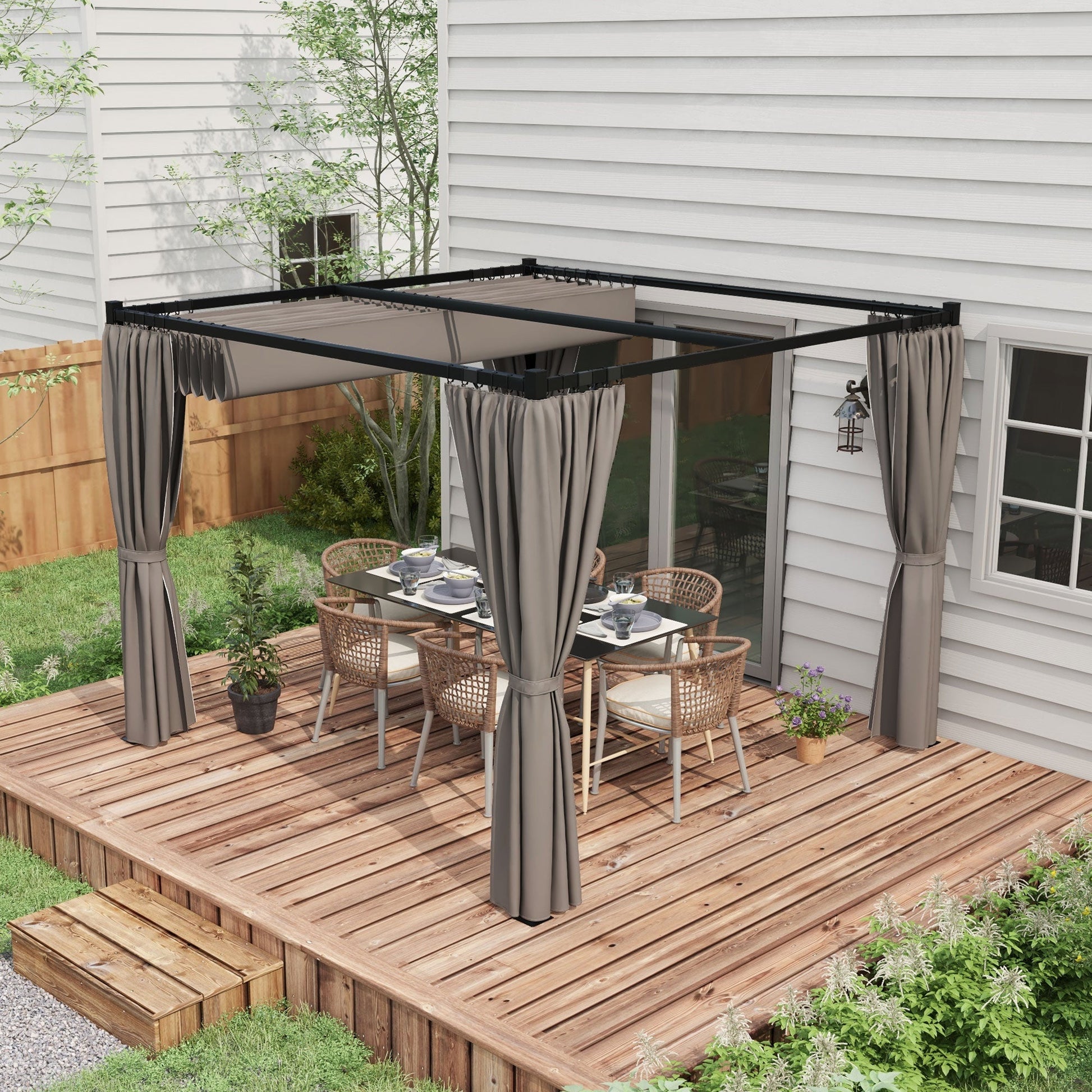 10' x 10' Pergola with Retractable Pergola Canopy and Curtains, Metal Frame Garden Gazebo Outdoor Sun Shade Shelter for Grill, Patio, Deck, Light Grey