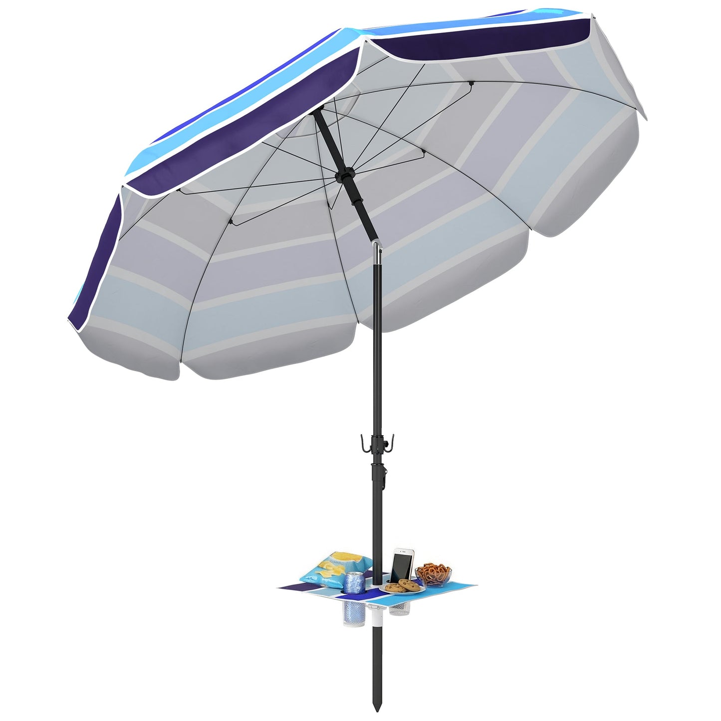 78" Beach Umbrella with Foldable Table and Cup Holder, Adjustable Tilt, Portable with Carry Bag and Hook for Outdoor, Patio, Beach, Multicolor