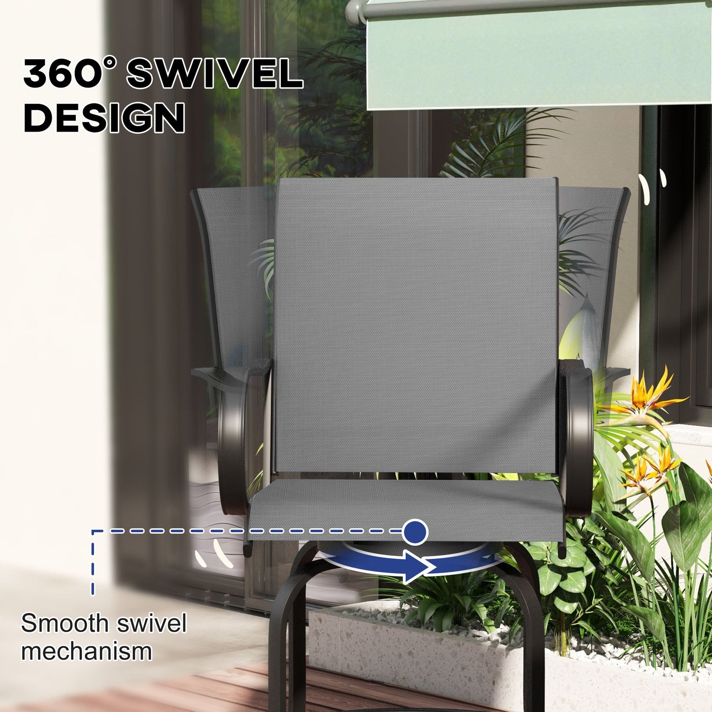 Outdoor Bar Stools Set of 2 with Armrests, 360° Swivel Bar Height Patio Chairs with Mesh Fabric, Steel Frame Dining Chairs, for Balcony, Poolside, Backyard, Grey