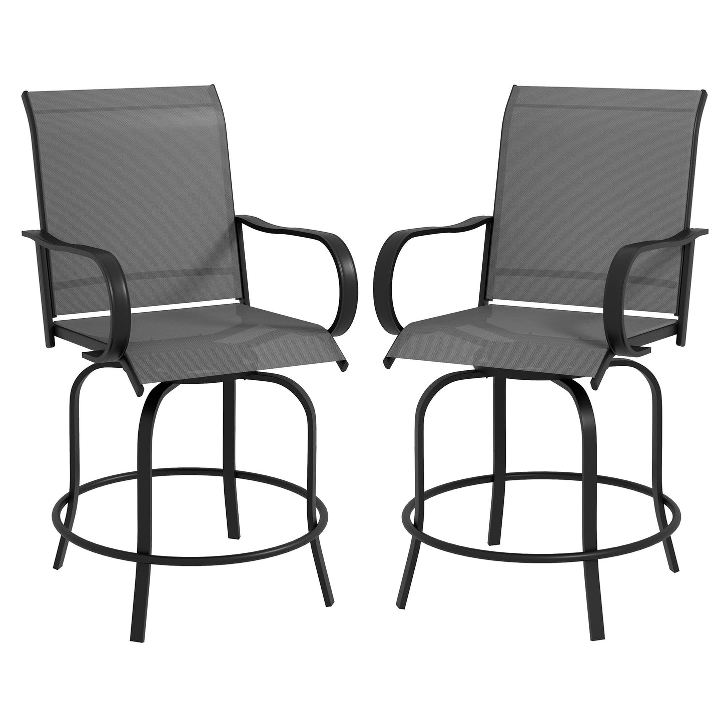 Outdoor Bar Stools Set of 2 with Armrests, 360° Swivel Bar Height Patio Chairs with Mesh Fabric, Steel Frame Dining Chairs, for Balcony, Poolside, Backyard, Grey