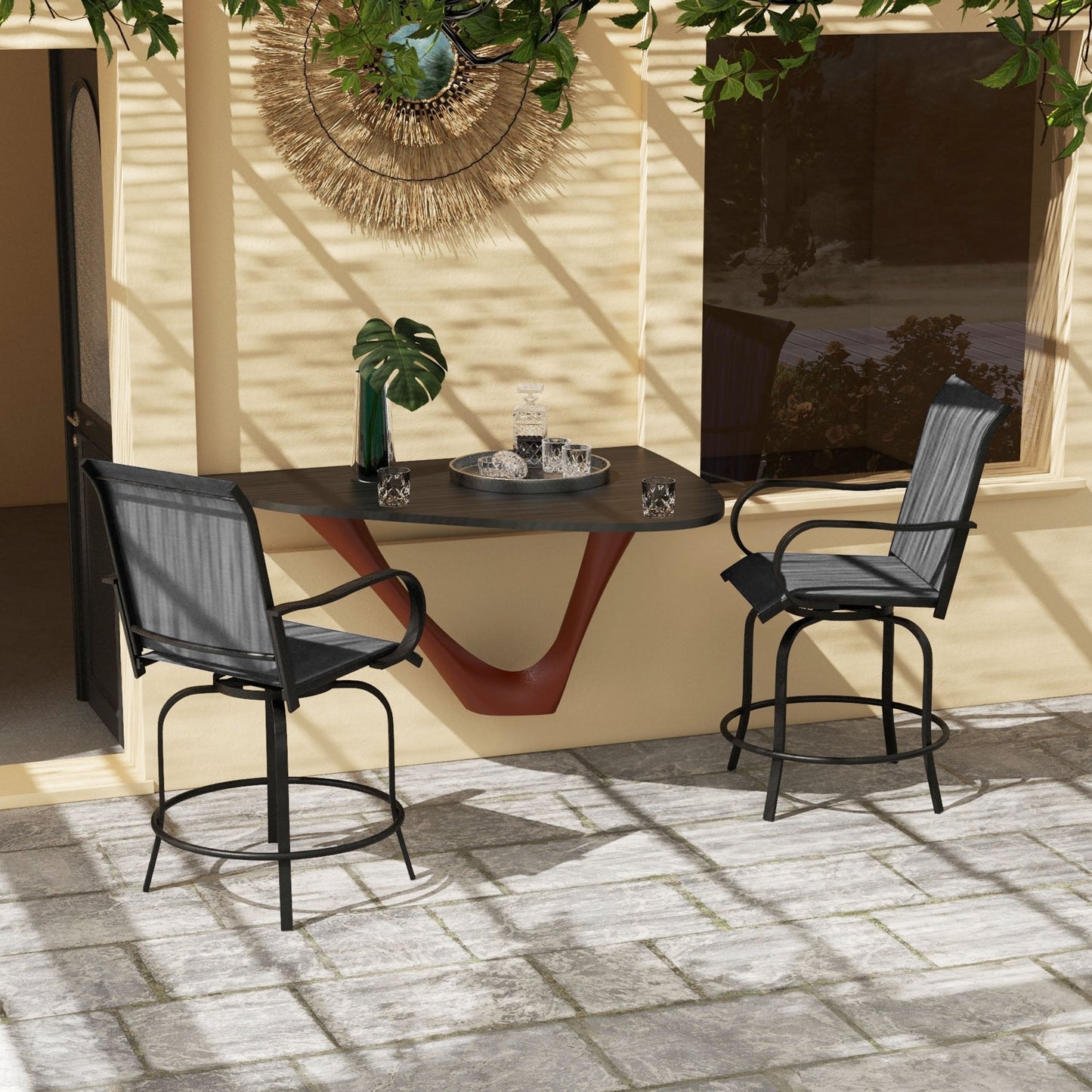 Outdoor Bar Stools Set of 2 with Armrests, 360° Swivel Bar Height Patio Chairs with Mesh Fabric, Steel Frame Dining Chairs, for Balcony, Poolside, Backyard, Grey