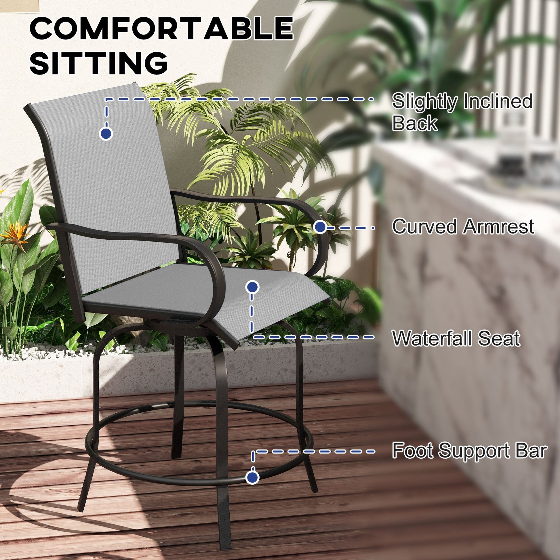 Outdoor Bar Stools Set of 2 with Armrests, 360° Swivel Bar Height Patio Chairs with Mesh Fabric, Steel Frame Dining Chairs, for Balcony, Poolside, Backyard, Grey