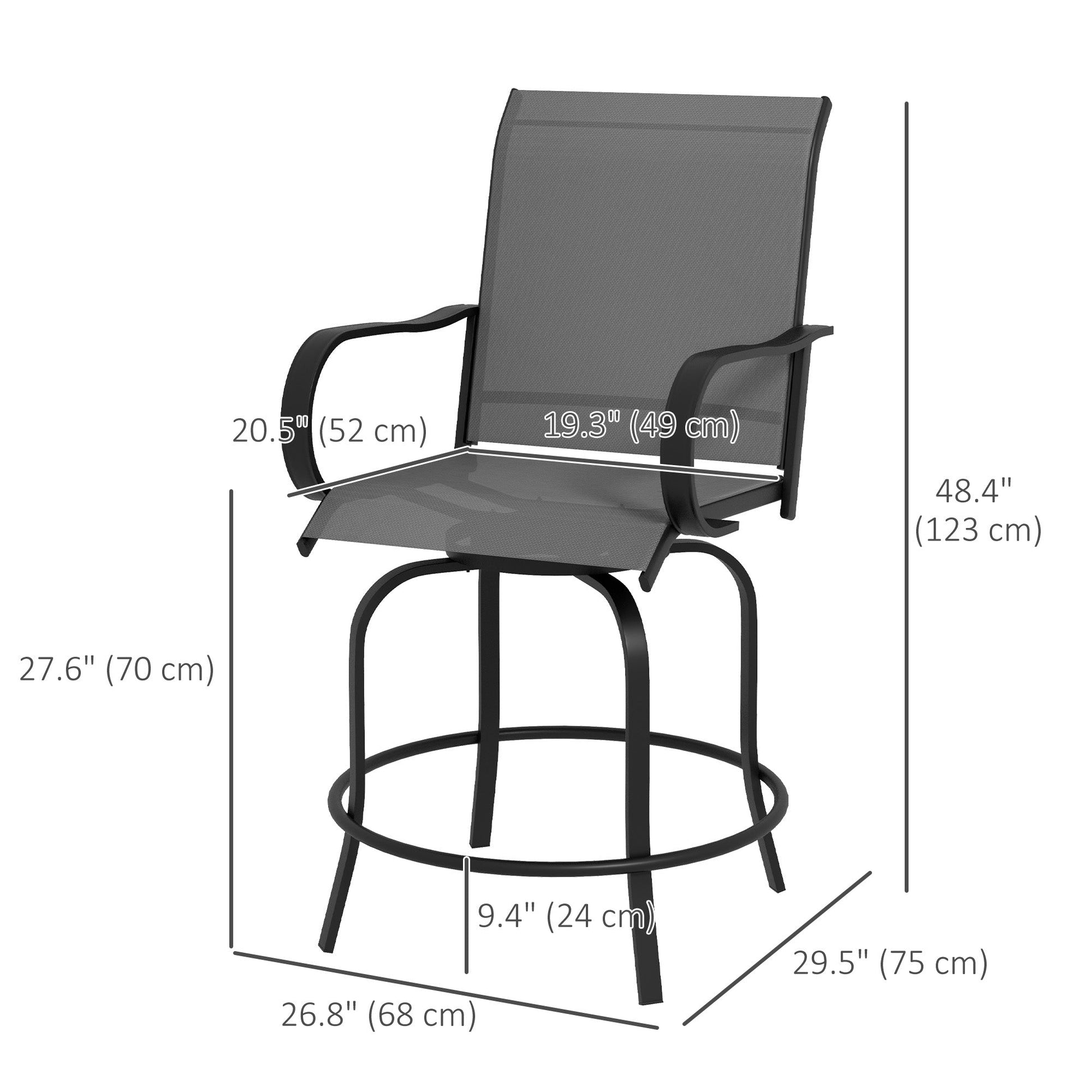 Outdoor Bar Stools Set of 2 with Armrests, 360° Swivel Bar Height Patio Chairs with Mesh Fabric, Steel Frame Dining Chairs, for Balcony, Poolside, Backyard, Grey