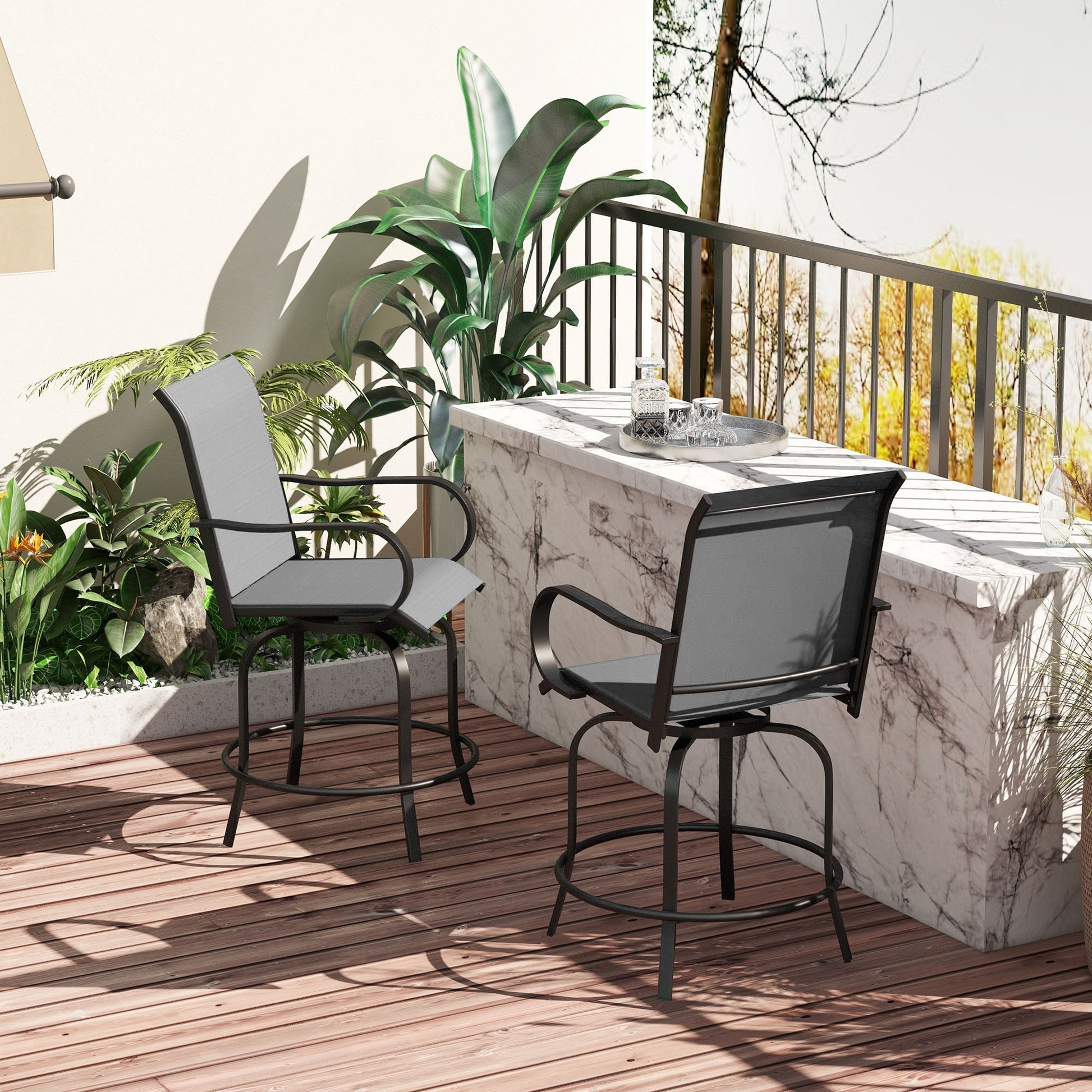Outdoor Bar Stools Set of 2 with Armrests, 360° Swivel Bar Height Patio Chairs with Mesh Fabric, Steel Frame Dining Chairs, for Balcony, Poolside, Backyard, Grey
