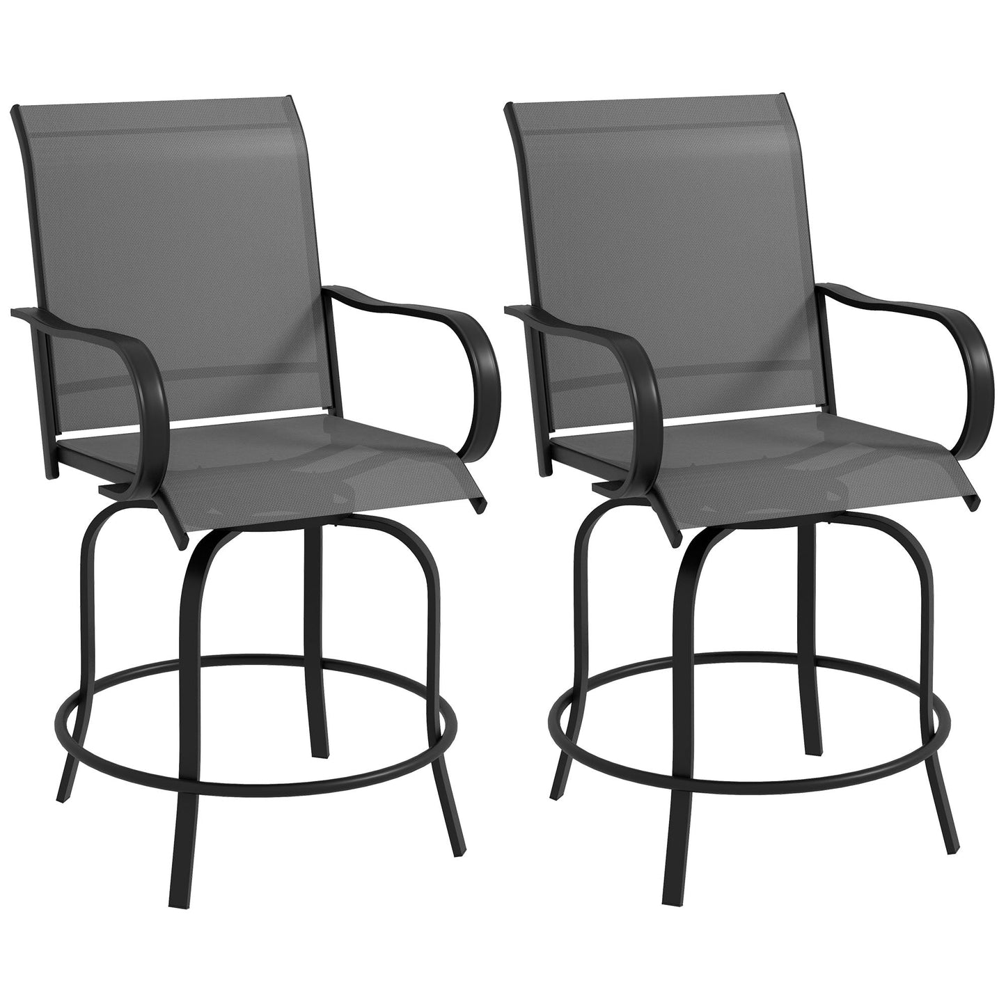 Outdoor Bar Stools Set of 2 with Armrests, 360° Swivel Bar Height Patio Chairs with Mesh Fabric, Steel Frame Dining Chairs, for Balcony, Poolside, Backyard, Grey
