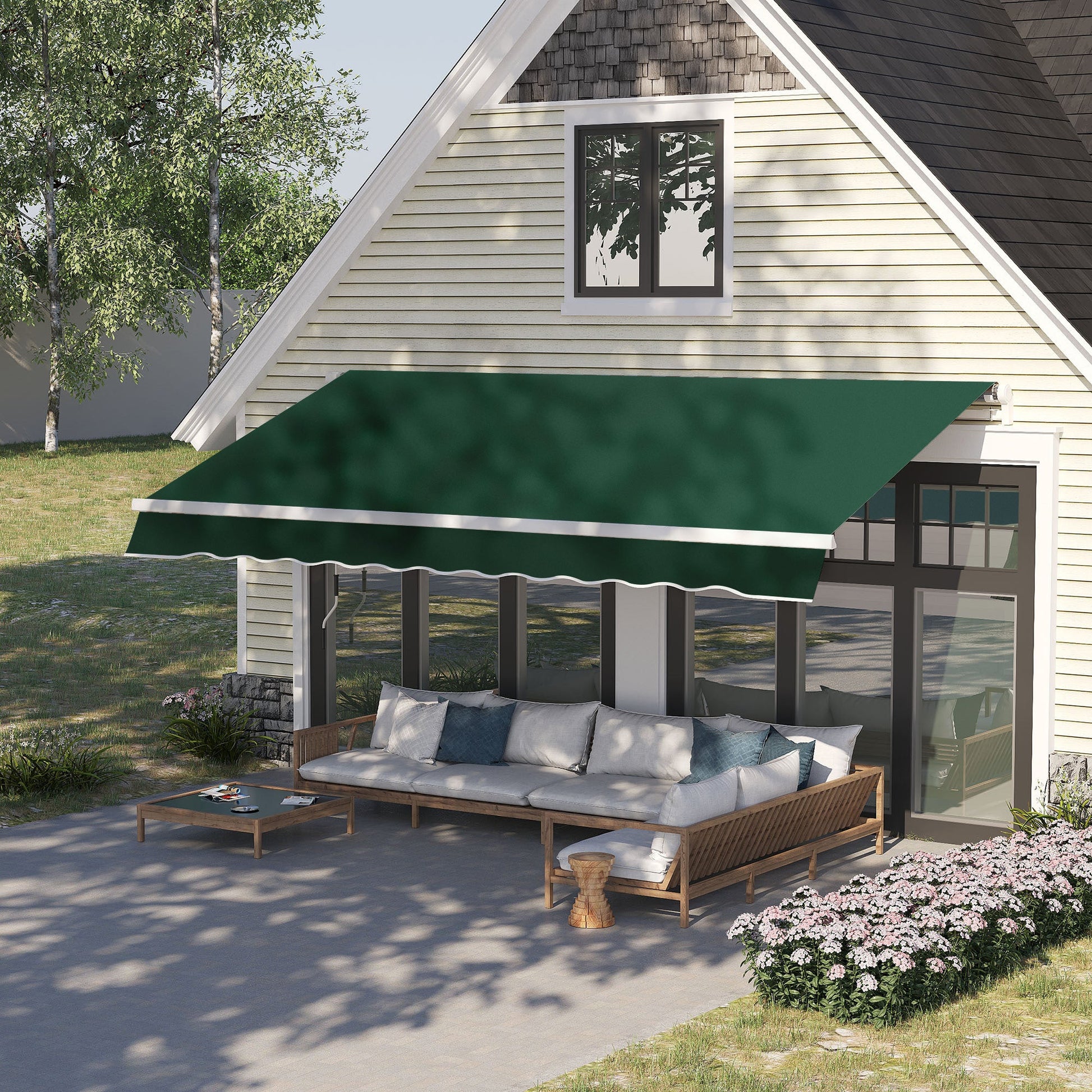 12' x 8' Retractable Awning Patio Awnings Sun Shade Shelter with Manual Crank Handle, UV & Water-Resistant Fabric and Aluminum Frame for Deck Balcony Yard, Green