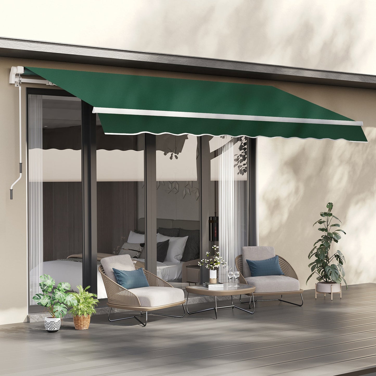 12' x 8' Retractable Awning Patio Awnings Sun Shade Shelter with Manual Crank Handle, UV & Water-Resistant Fabric and Aluminum Frame for Deck Balcony Yard, Green