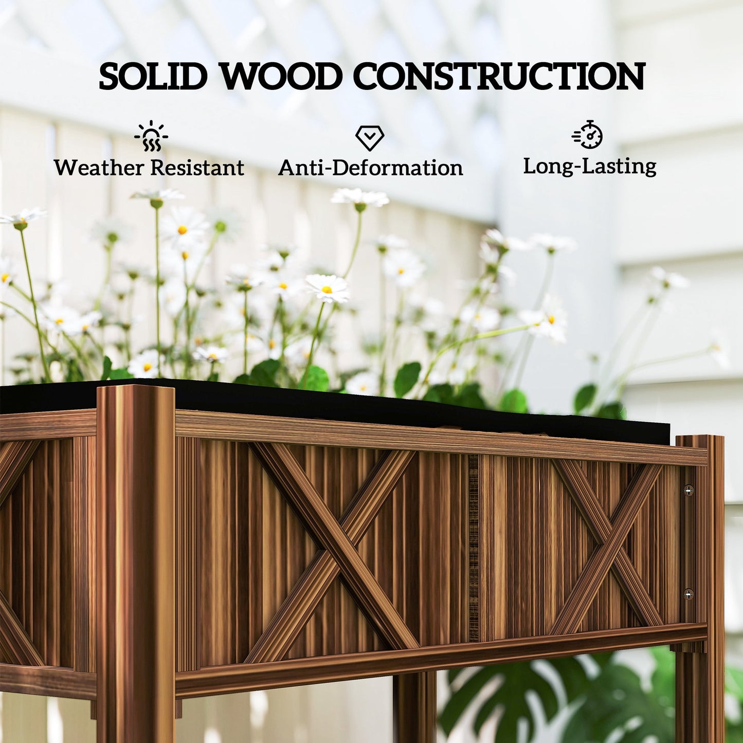 Wooden Raised Garden Bed, Elevated Planter Box with Storage Shelf, Drainage Holes and Liner for Backyard, Patio, Balcony, 34" x 18" x 30", Carbonized
