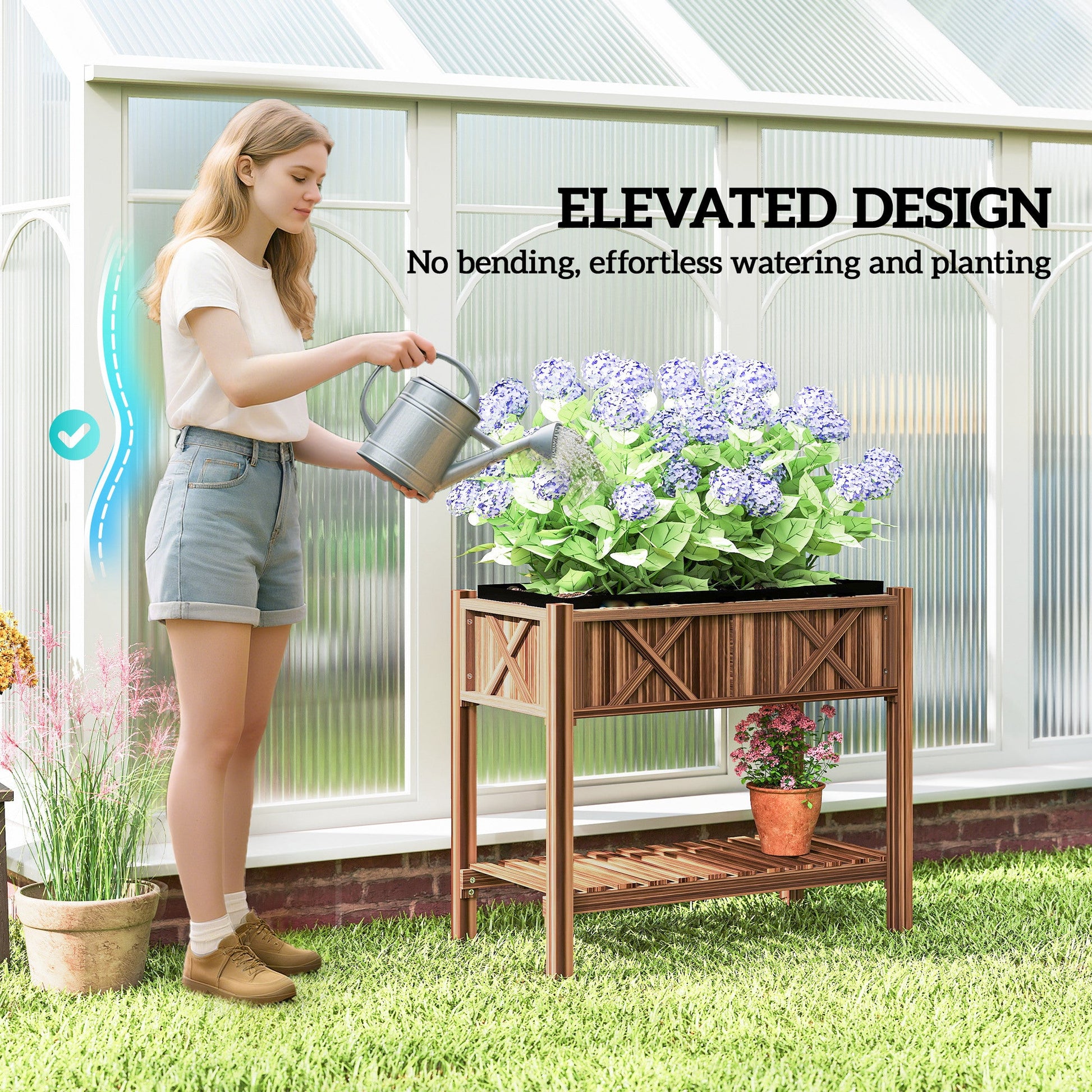 Wooden Raised Garden Bed, Elevated Planter Box with Storage Shelf, Drainage Holes and Liner for Backyard, Patio, Balcony, 34" x 18" x 30", Carbonized