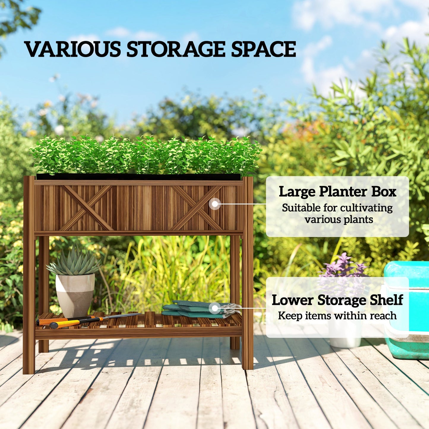 Wooden Raised Garden Bed, Elevated Planter Box with Storage Shelf, Drainage Holes and Liner for Backyard, Patio, Balcony, 34" x 18" x 30", Carbonized