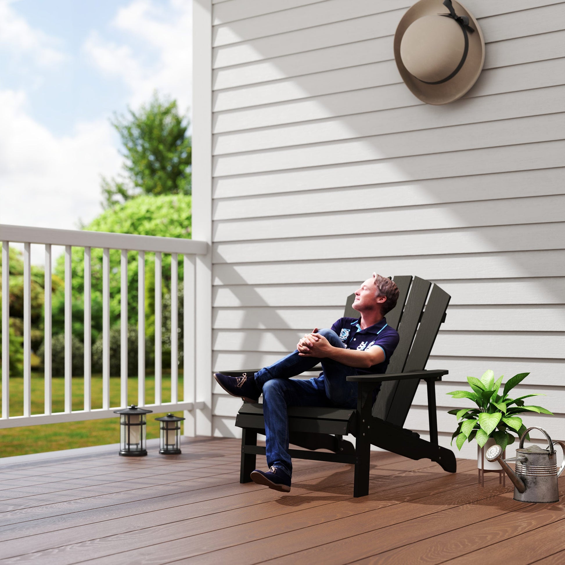 Wood Adirondack Chair, Outdoor Patio Muskoka Chair with Slatted Design for Deck, Garden, Backyard, Fire Pit, Black
