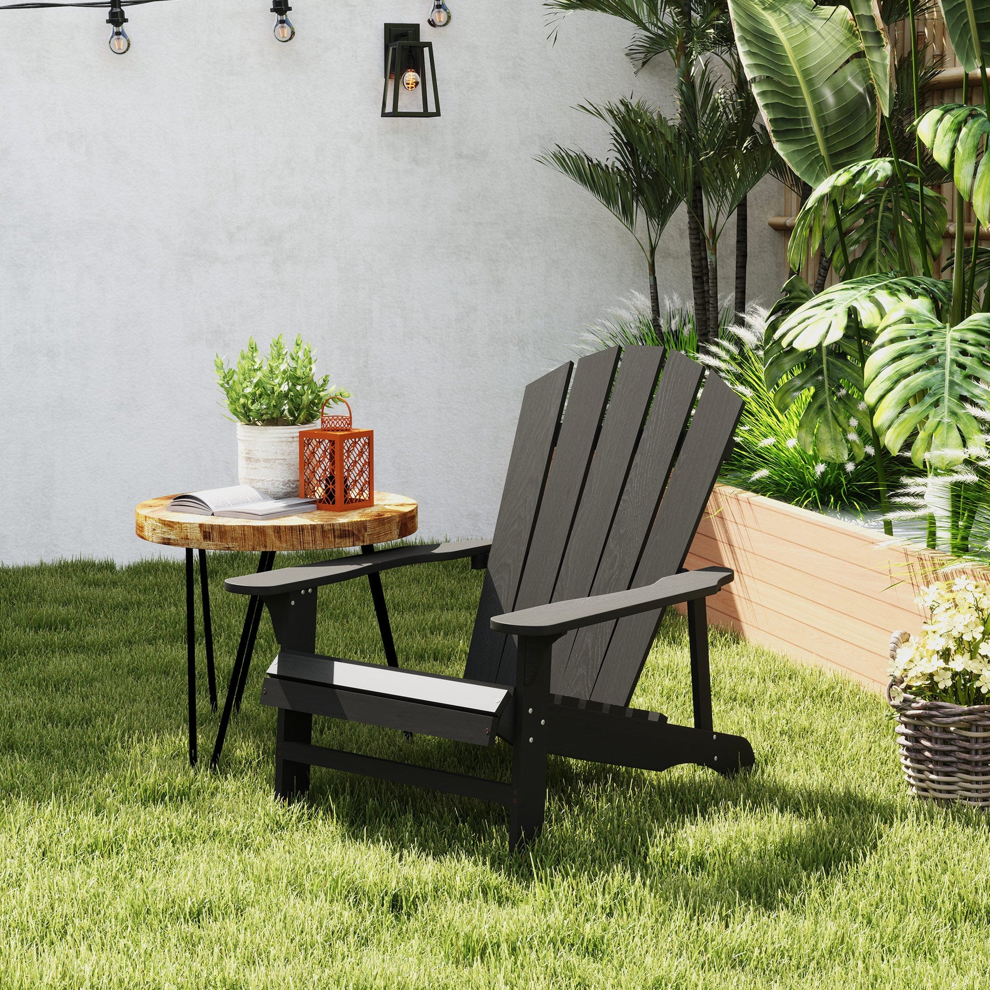 Wood Adirondack Chair, Outdoor Patio Muskoka Chair with Slatted Design for Deck, Garden, Backyard, Fire Pit, Black