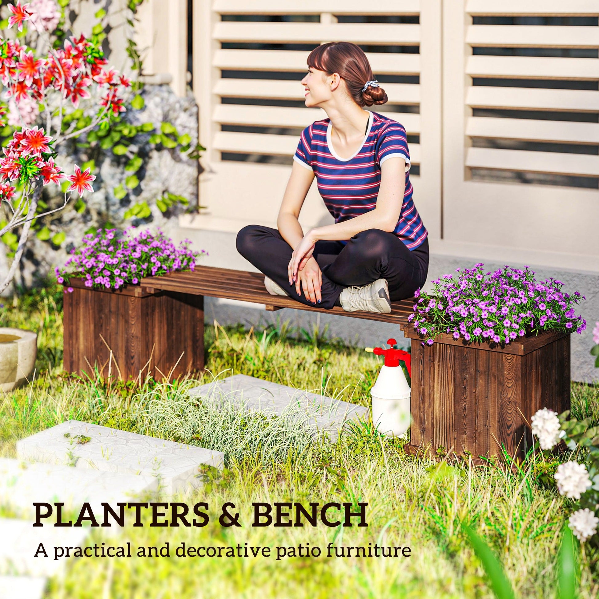 Raised Garden Bed Plant Stand Wooden Garden Planter & Bench Combination Garden Raised Bed for Patio Park, 69.25" x 15" x 15.75", Carbonized