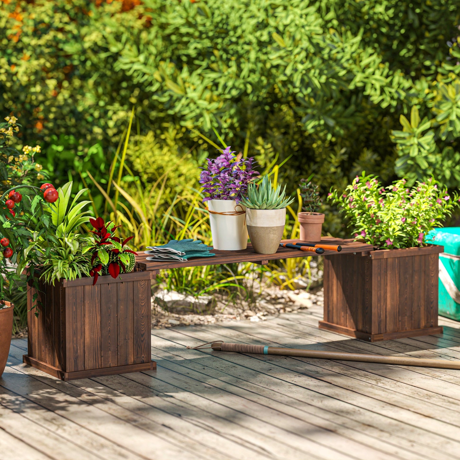 Raised Garden Bed Plant Stand Wooden Garden Planter & Bench Combination Garden Raised Bed for Patio Park, 69.25" x 15" x 15.75", Carbonized