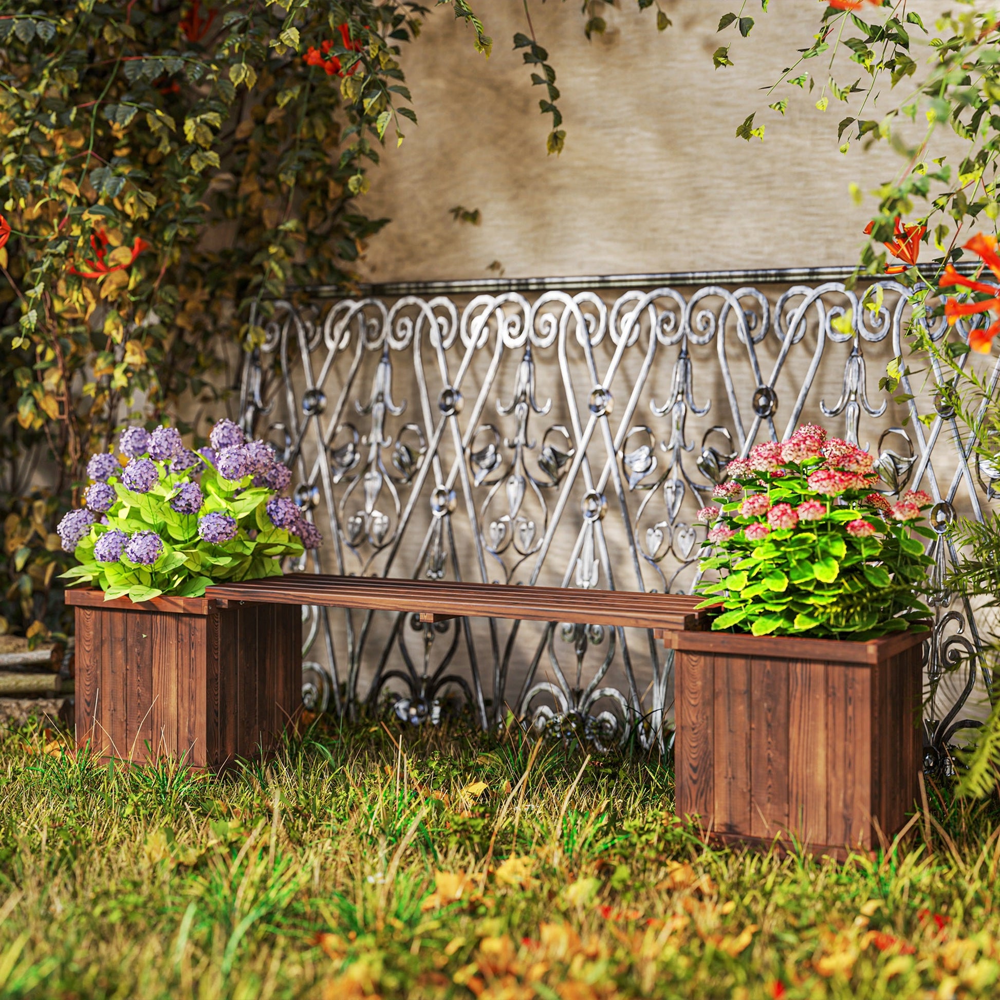 Raised Garden Bed Plant Stand Wooden Garden Planter & Bench Combination Garden Raised Bed for Patio Park, 69.25" x 15" x 15.75", Carbonized