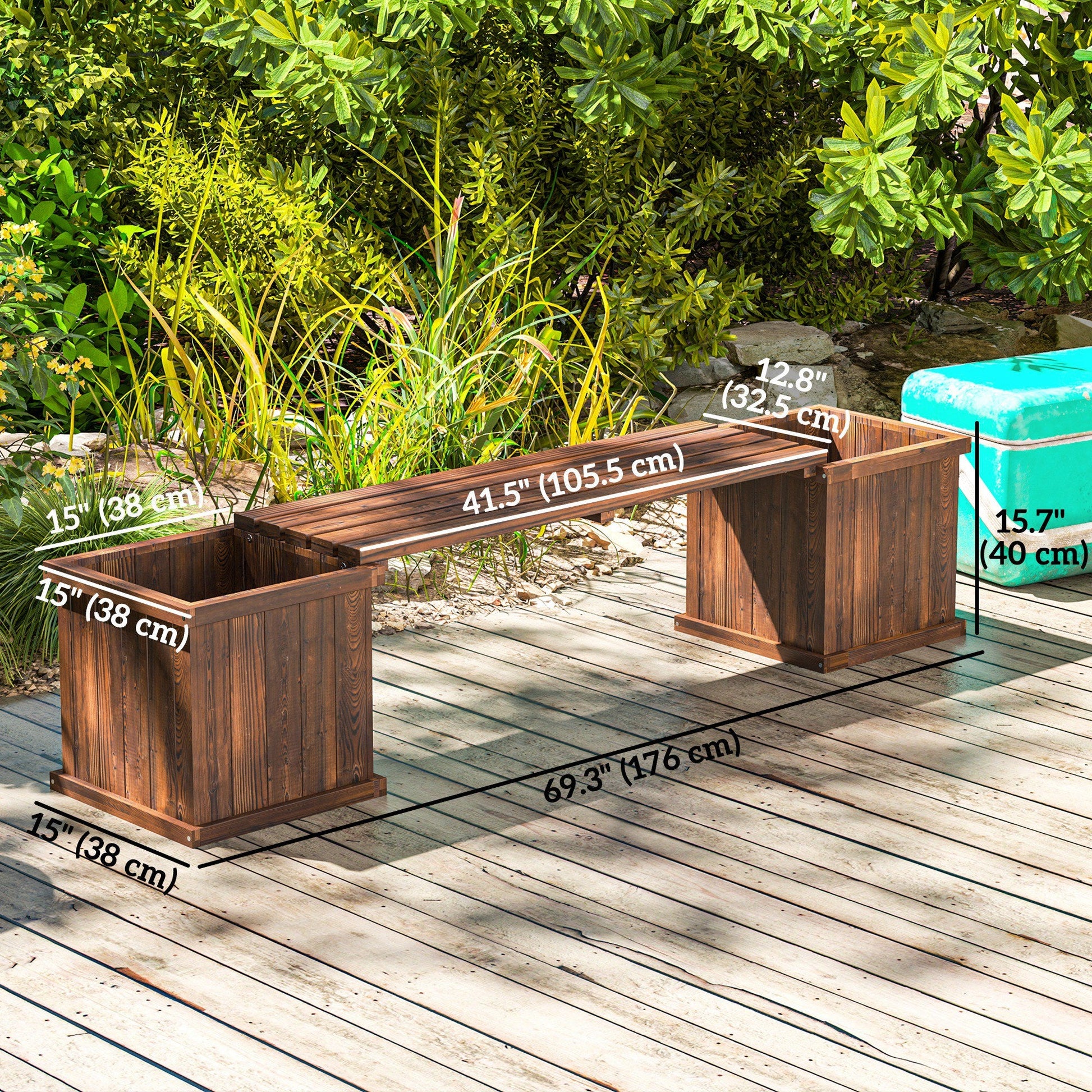 Raised Garden Bed Plant Stand Wooden Garden Planter & Bench Combination Garden Raised Bed for Patio Park, 69.25" x 15" x 15.75", Carbonized