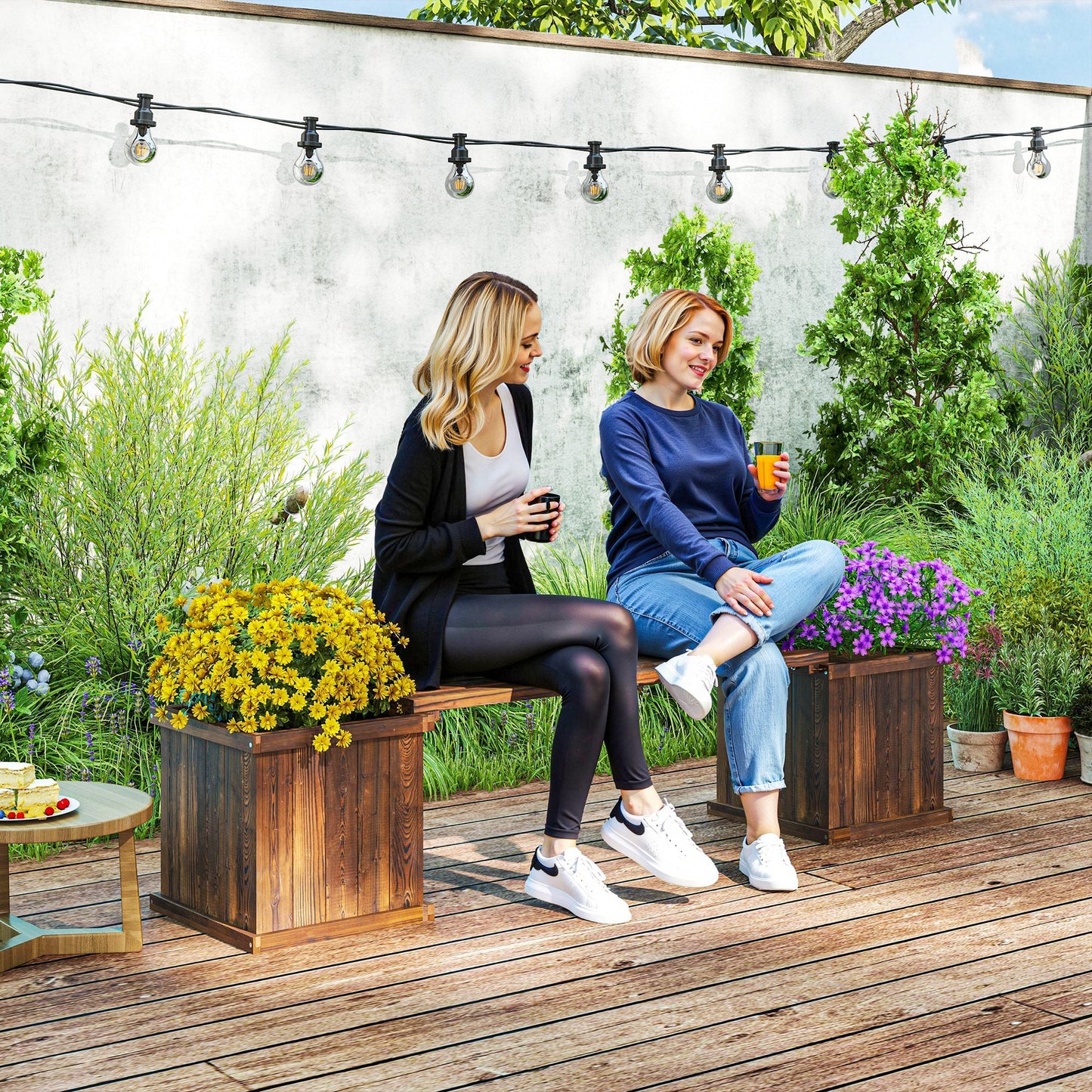 Raised Garden Bed Plant Stand Wooden Garden Planter & Bench Combination Garden Raised Bed for Patio Park, 69.25" x 15" x 15.75", Carbonized