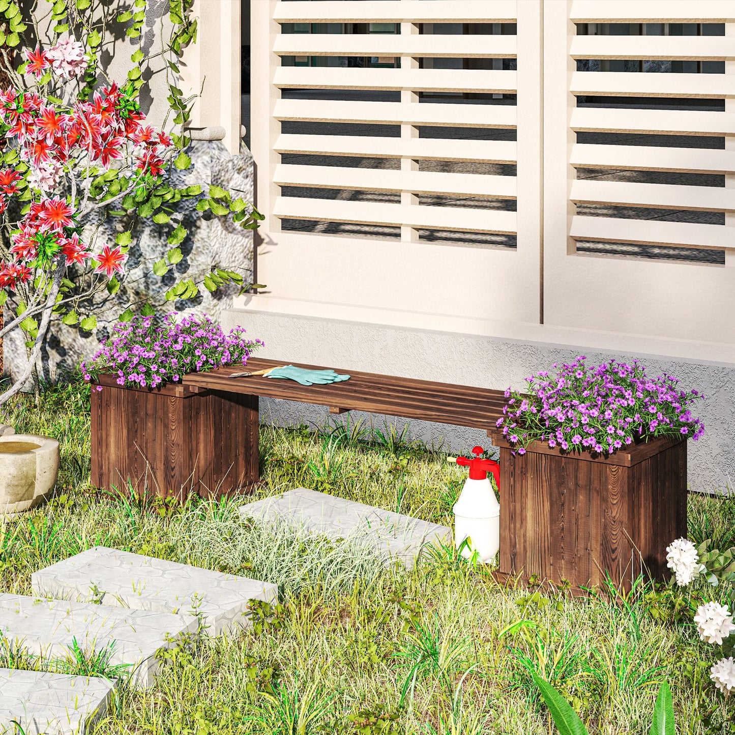 Raised Garden Bed Plant Stand Wooden Garden Planter & Bench Combination Garden Raised Bed for Patio Park, 69.25" x 15" x 15.75", Carbonized
