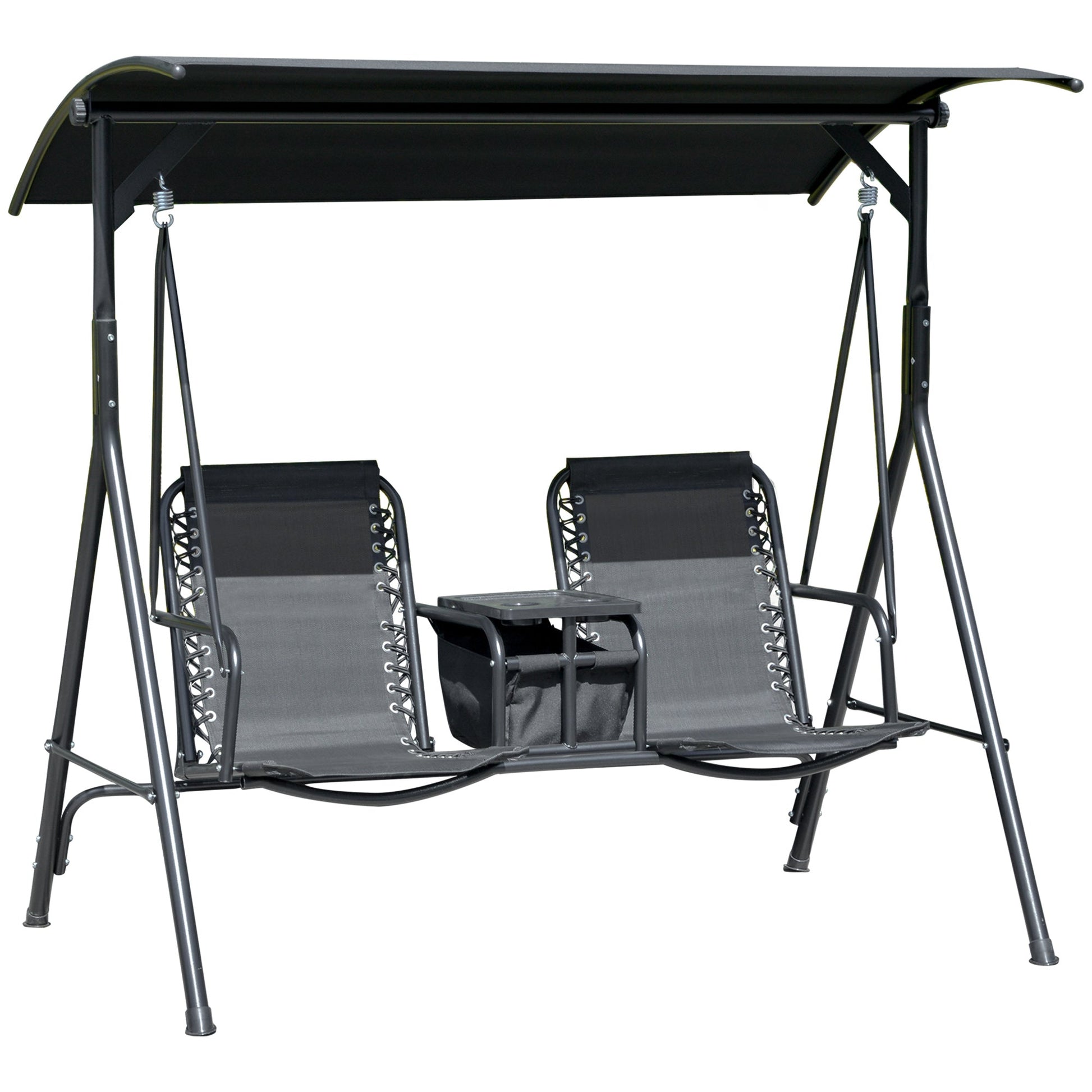 2 Person Covered Porch Swing Patio Swing with Pivot Storage Table, Cup Holder, & Adjustable Overhead Canopy, Black