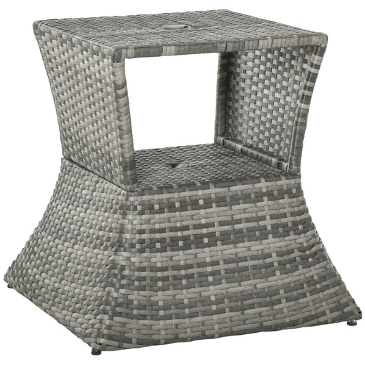 Rattan Wicker Outdoor Coffee Table, All Weather Side Table with Umbrella Hole, 2 Tier Storage Shelf, 21.3" Square End Table for Patio, Garden, Backyard, Mixed Grey