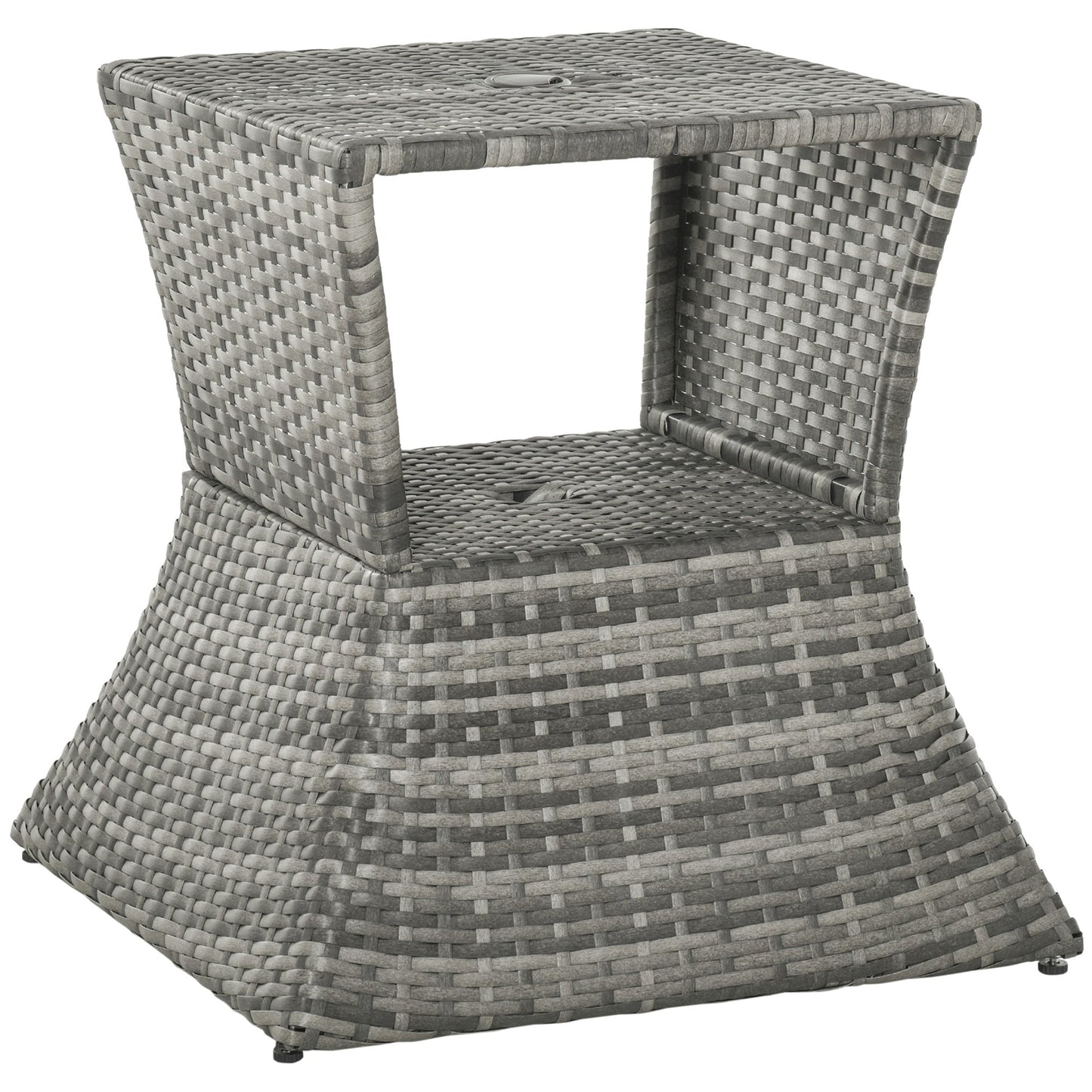 Rattan Wicker Outdoor Coffee Table, All Weather Side Table with Umbrella Hole, 2 Tier Storage Shelf, 21.3" Square End Table for Patio, Garden, Backyard, Mixed Grey