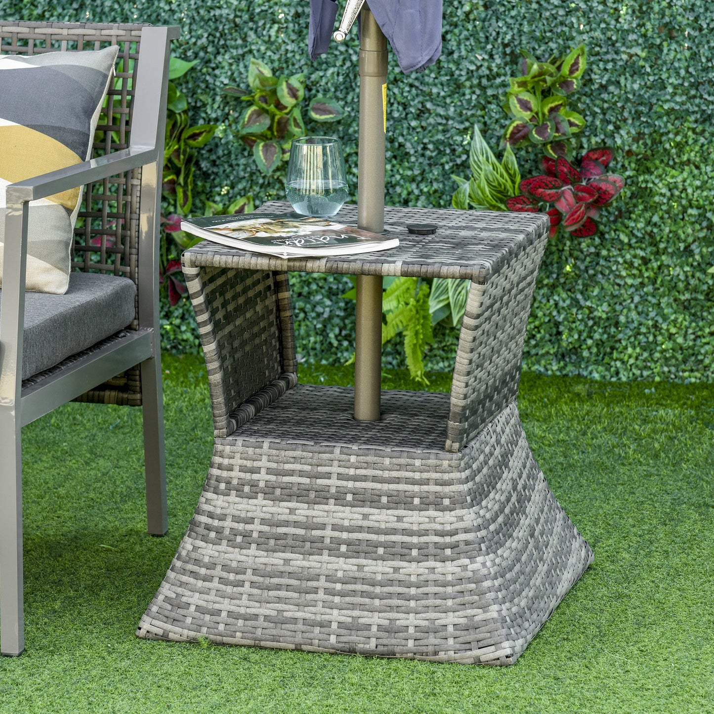 Rattan Wicker Outdoor Coffee Table, All Weather Side Table with Umbrella Hole, 2 Tier Storage Shelf, 21.3" Square End Table for Patio, Garden, Backyard, Mixed Grey