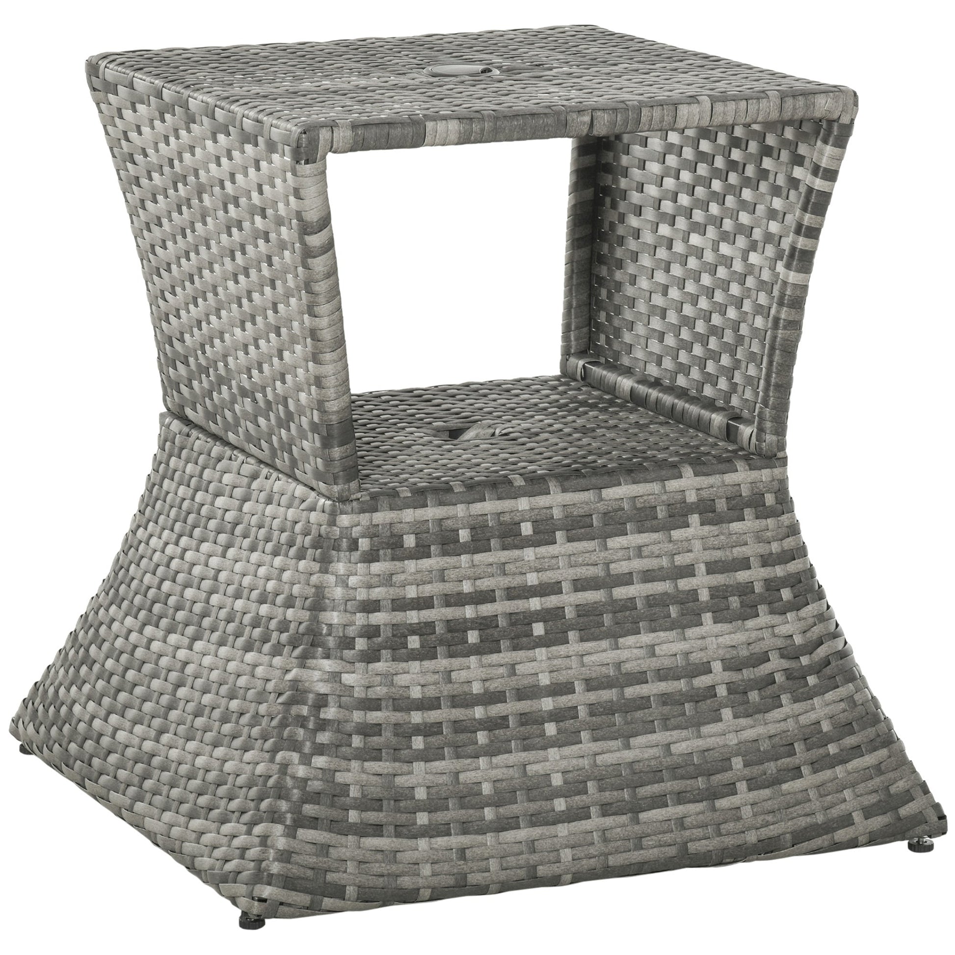 Rattan Wicker Outdoor Coffee Table, All Weather Side Table with Umbrella Hole, 2 Tier Storage Shelf, 21.3" Square End Table for Patio, Garden, Backyard, Mixed Grey