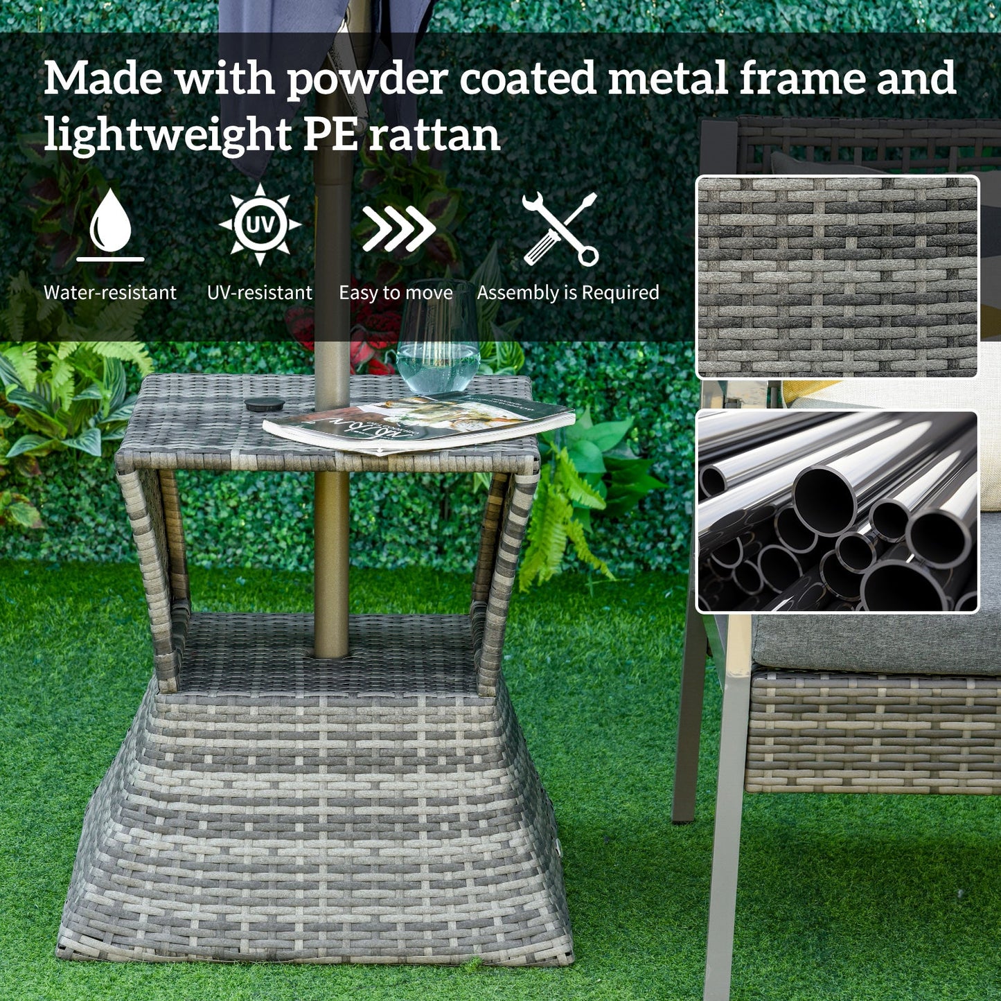 Rattan Wicker Outdoor Coffee Table, All Weather Side Table with Umbrella Hole, 2 Tier Storage Shelf, 21.3" Square End Table for Patio, Garden, Backyard, Mixed Grey