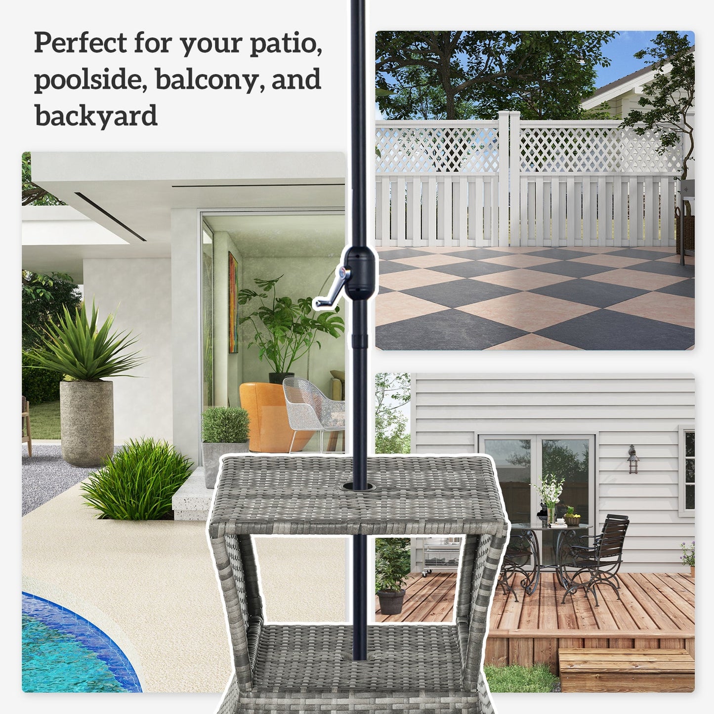 Rattan Wicker Outdoor Coffee Table, All Weather Side Table with Umbrella Hole, 2 Tier Storage Shelf, 21.3" Square End Table for Patio, Garden, Backyard, Mixed Grey