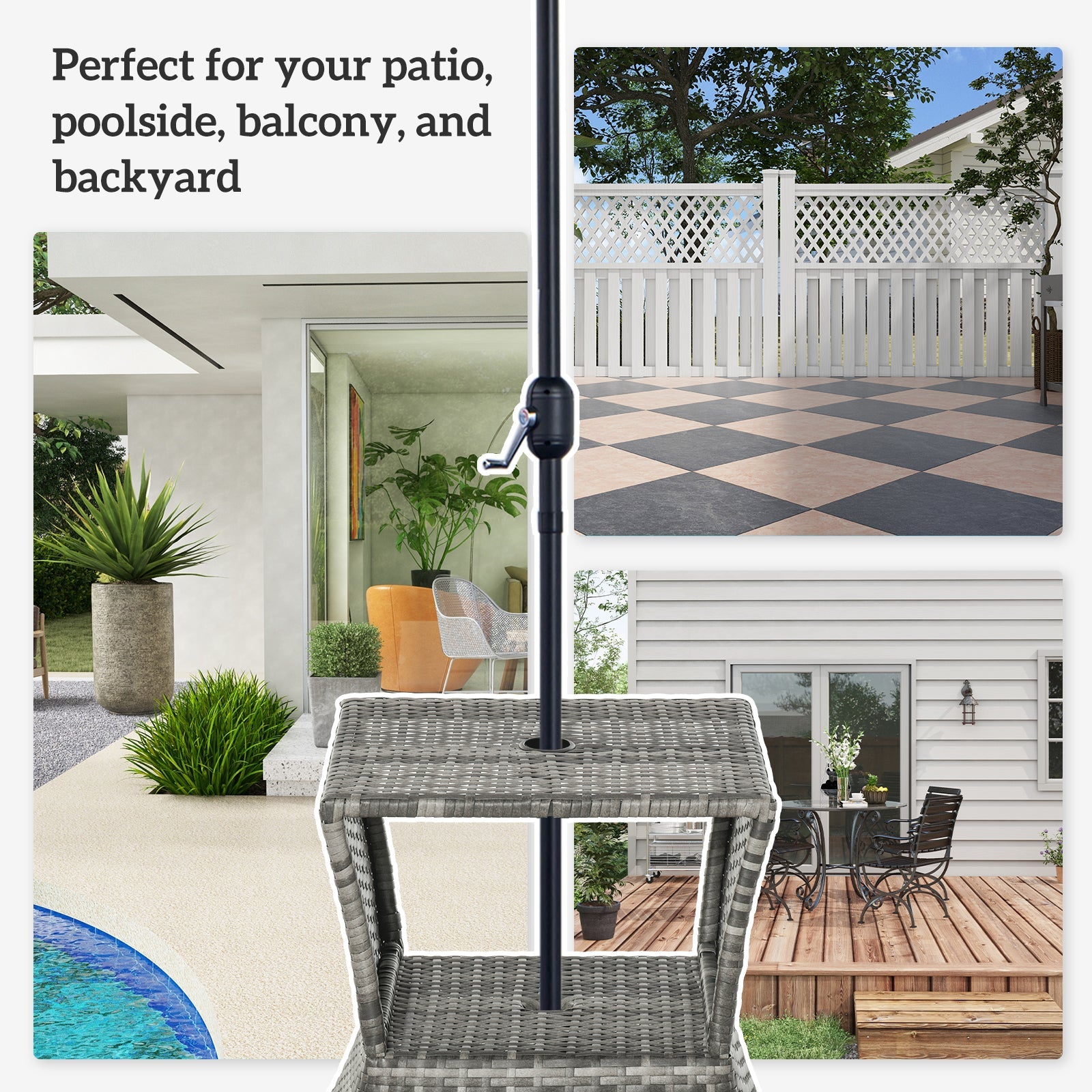 Rattan Wicker Outdoor Coffee Table, All Weather Side Table with Umbrella Hole, 2 Tier Storage Shelf, 21.3" Square End Table for Patio, Garden, Backyard, Mixed Grey