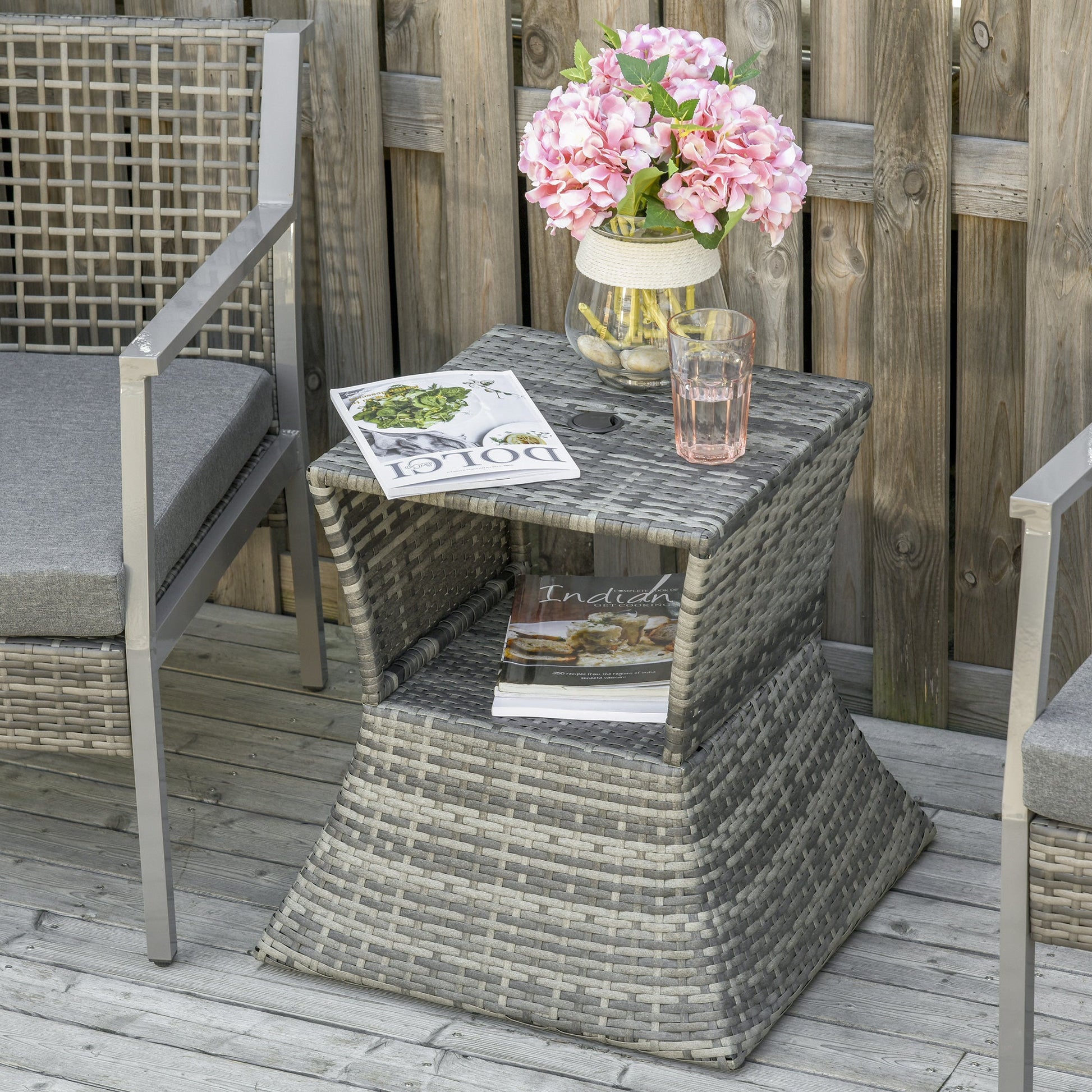 Rattan Wicker Outdoor Coffee Table, All Weather Side Table with Umbrella Hole, 2 Tier Storage Shelf, 21.3" Square End Table for Patio, Garden, Backyard, Mixed Grey