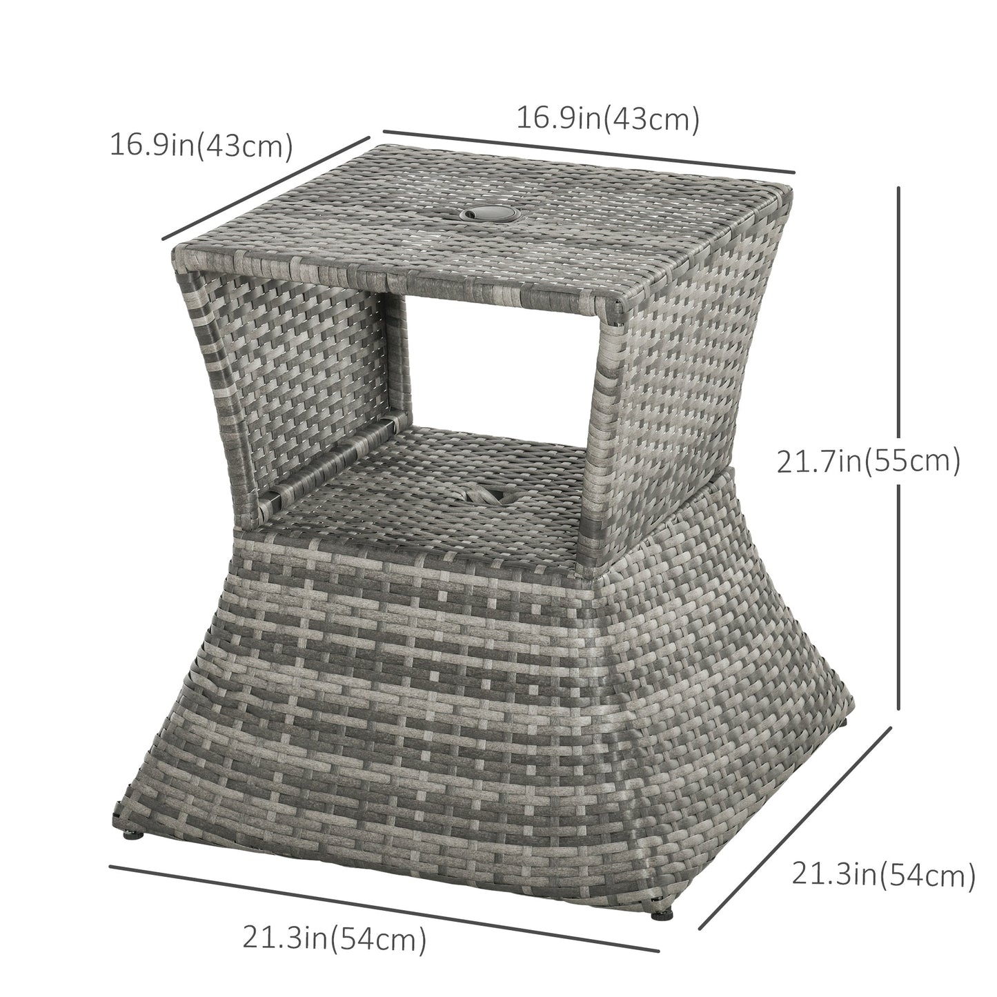 Rattan Wicker Outdoor Coffee Table, All Weather Side Table with Umbrella Hole, 2 Tier Storage Shelf, 21.3" Square End Table for Patio, Garden, Backyard, Mixed Grey