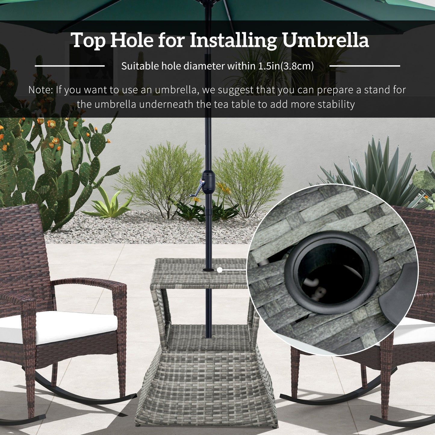 Rattan Wicker Outdoor Coffee Table, All Weather Side Table with Umbrella Hole, 2 Tier Storage Shelf, 21.3" Square End Table for Patio, Garden, Backyard, Mixed Grey