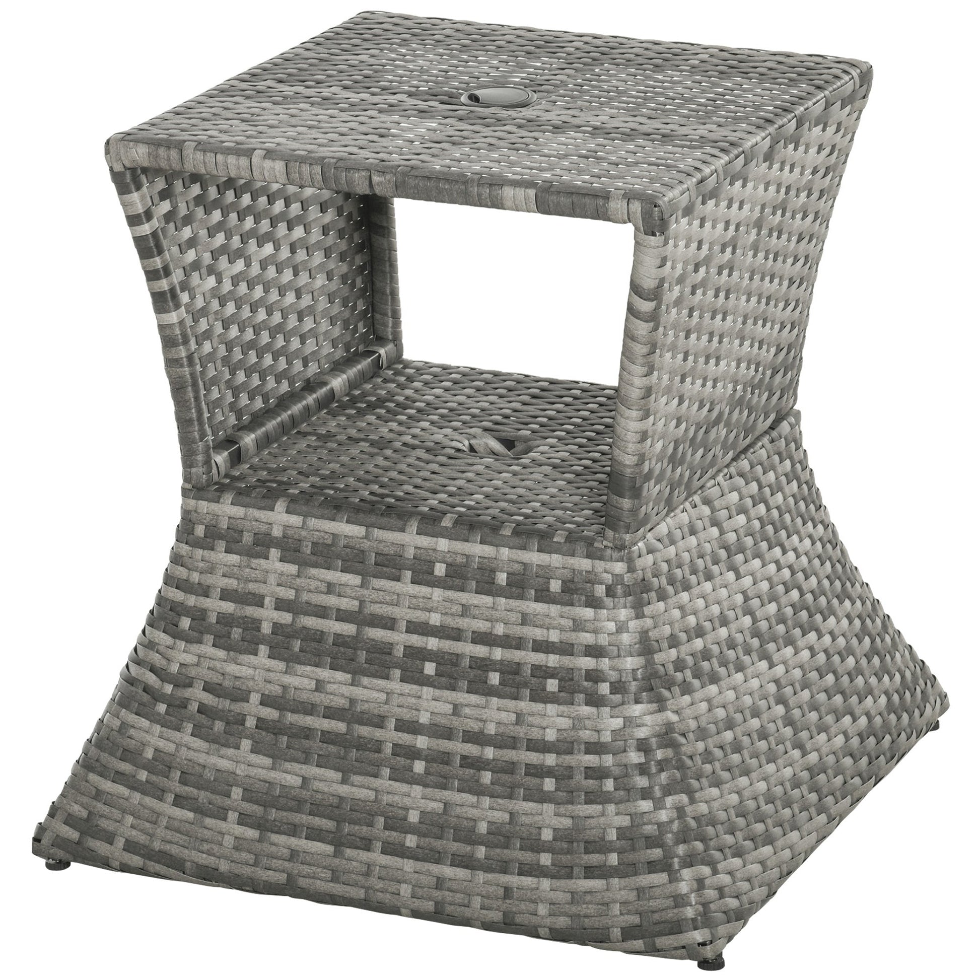 Rattan Wicker Outdoor Coffee Table, All Weather Side Table with Umbrella Hole, 2 Tier Storage Shelf, 21.3" Square End Table for Patio, Garden, Backyard, Mixed Grey