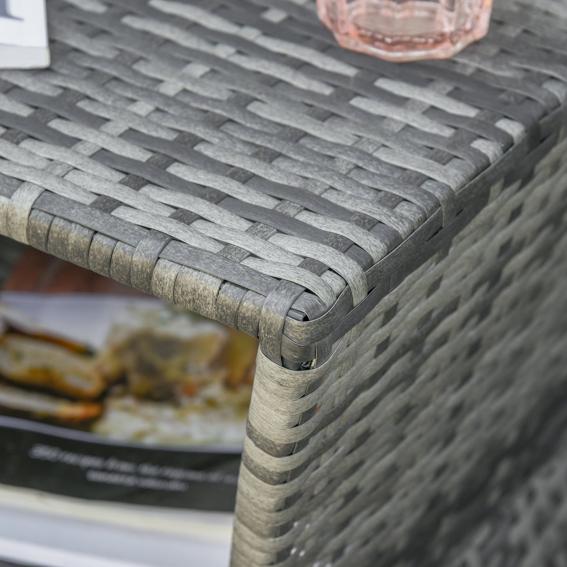 Rattan Wicker Outdoor Coffee Table, All Weather Side Table with Umbrella Hole, 2 Tier Storage Shelf, 21.3" Square End Table for Patio, Garden, Backyard, Mixed Grey