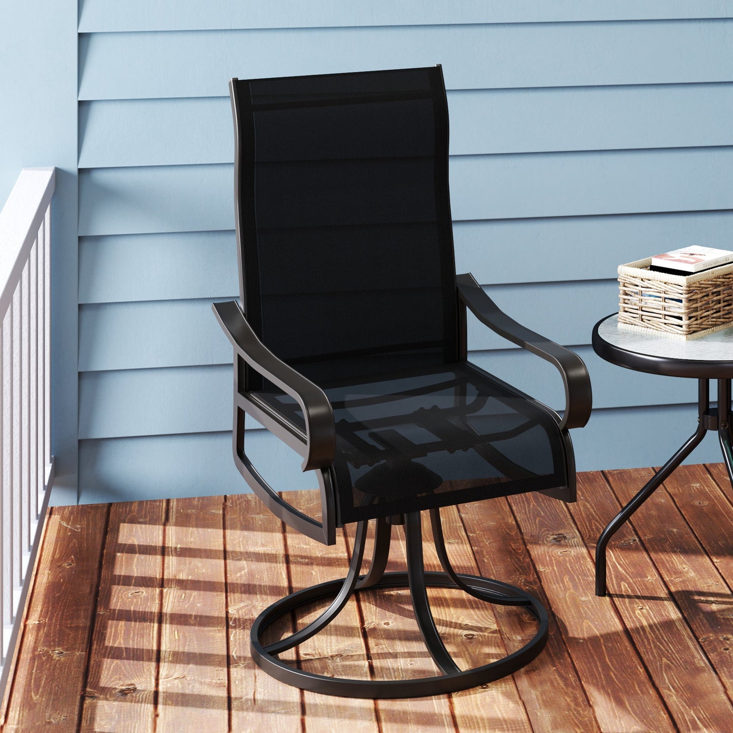 2-Piece Swivel Patio Dining Chairs, 360° Swivel Rocking Outdoor Chairs with Curved Armrests, Breathable Mesh Seat & S Shape Backrest for Yard, Lawn, Porch, Black