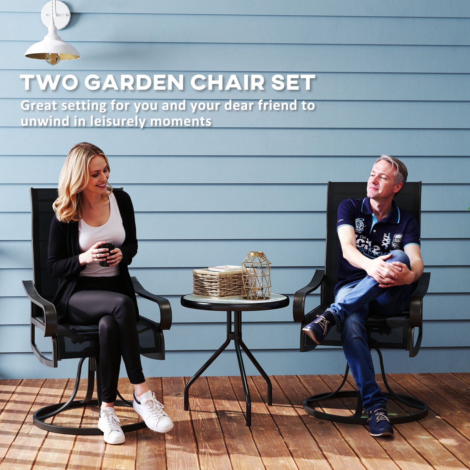 2-Piece Swivel Patio Dining Chairs, 360° Swivel Rocking Outdoor Chairs with Curved Armrests, Breathable Mesh Seat & S Shape Backrest for Yard, Lawn, Porch, Black