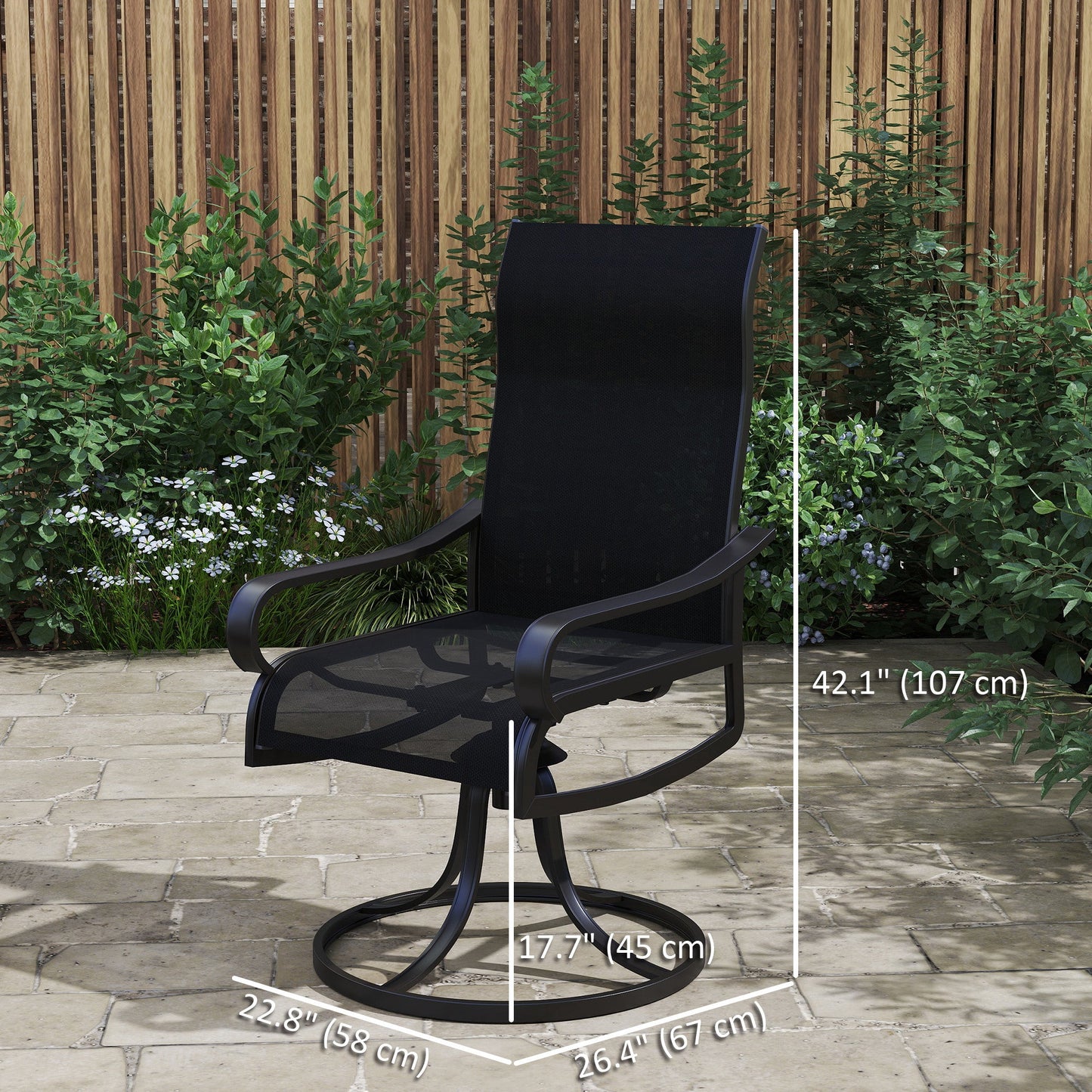 2-Piece Swivel Patio Dining Chairs, 360° Swivel Rocking Outdoor Chairs with Curved Armrests, Breathable Mesh Seat & S Shape Backrest for Yard, Lawn, Porch, Black